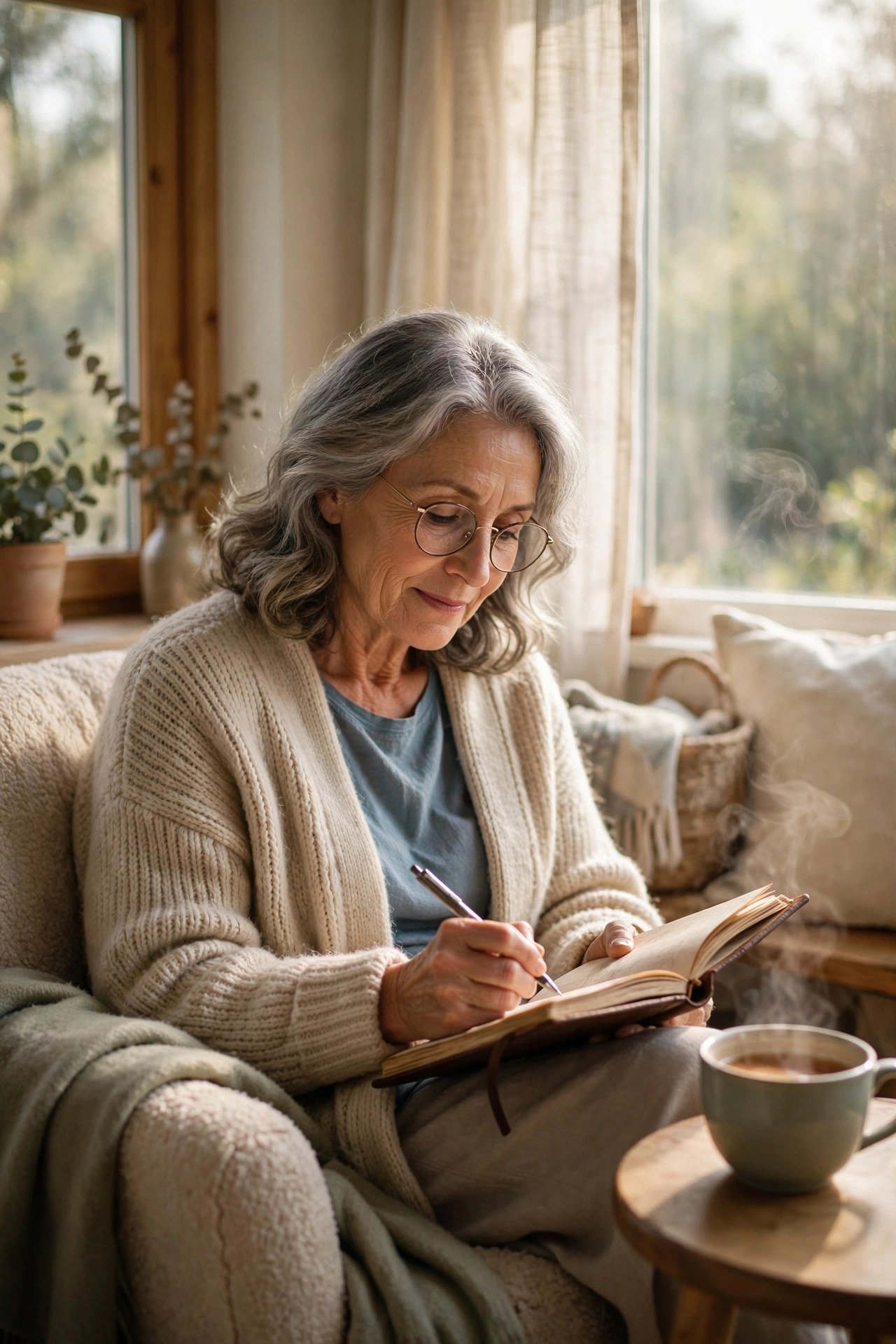 Woman in her 60s writing in a gratitude journal by a window with a cup of tea