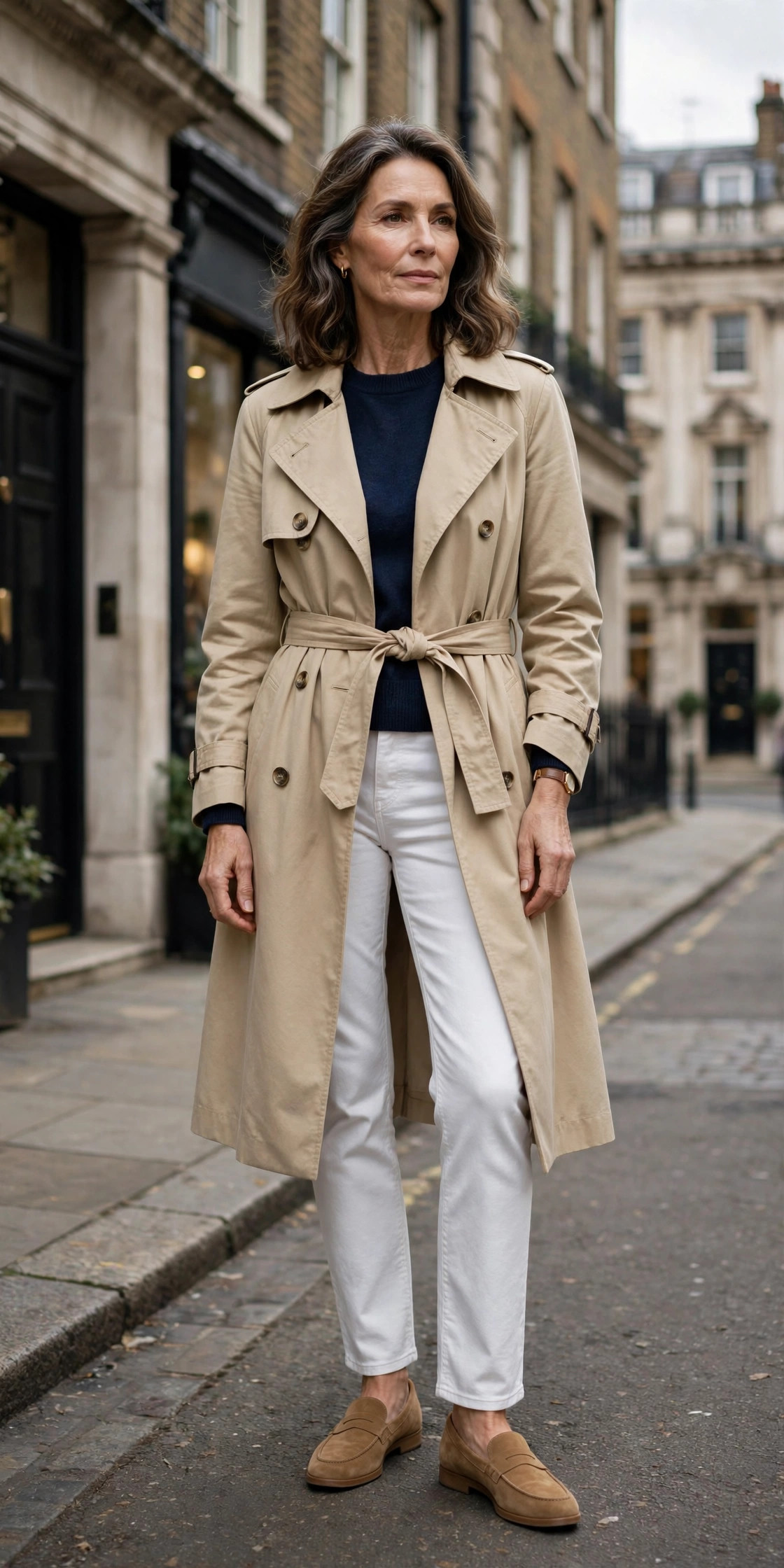 Woman over 50 wearing a beige belted trench coat with navy sweater and white jeans in London