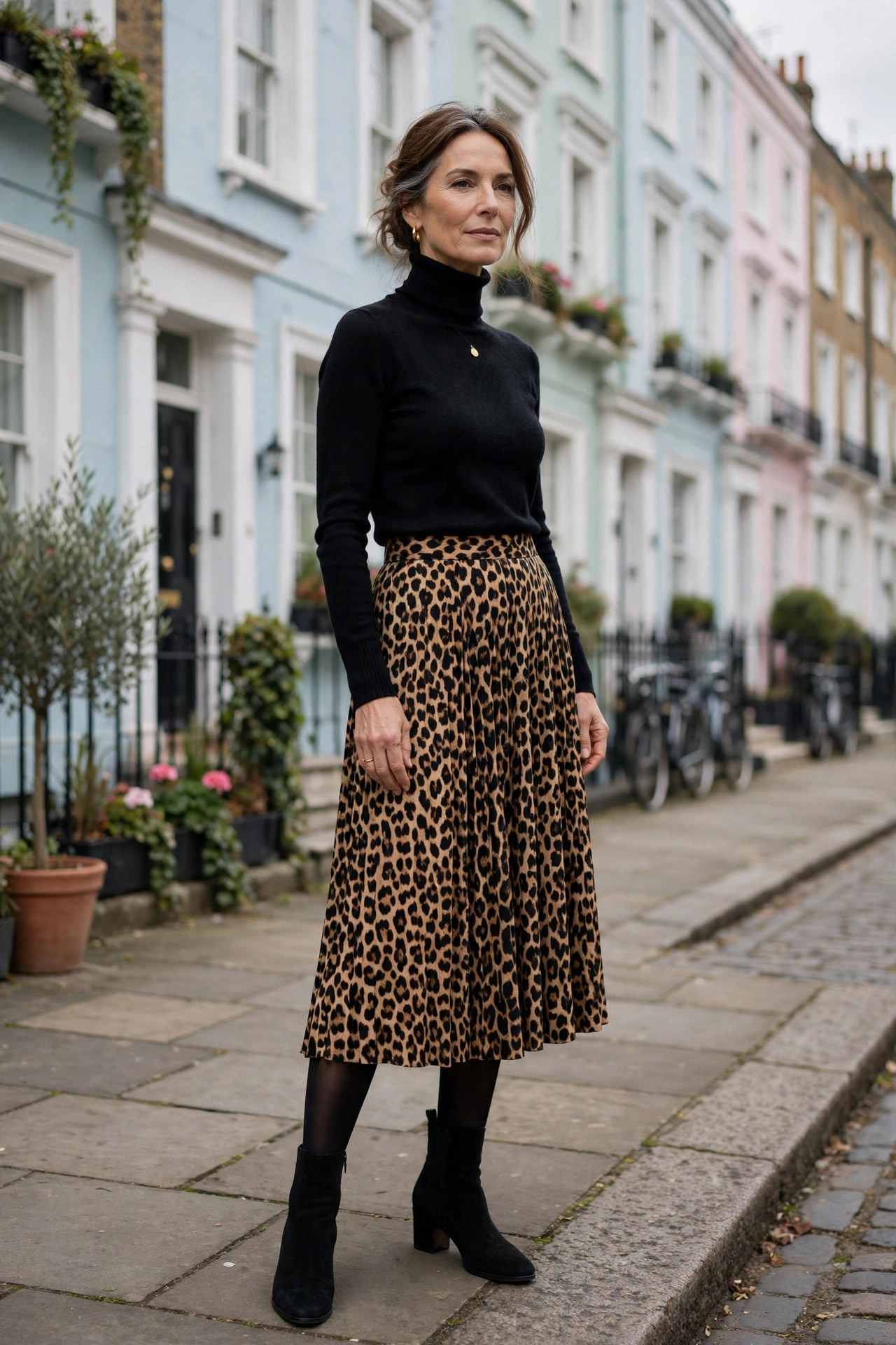 Woman over 50 in a black turtleneck with a leopard-print midi skirt in Notting Hill London