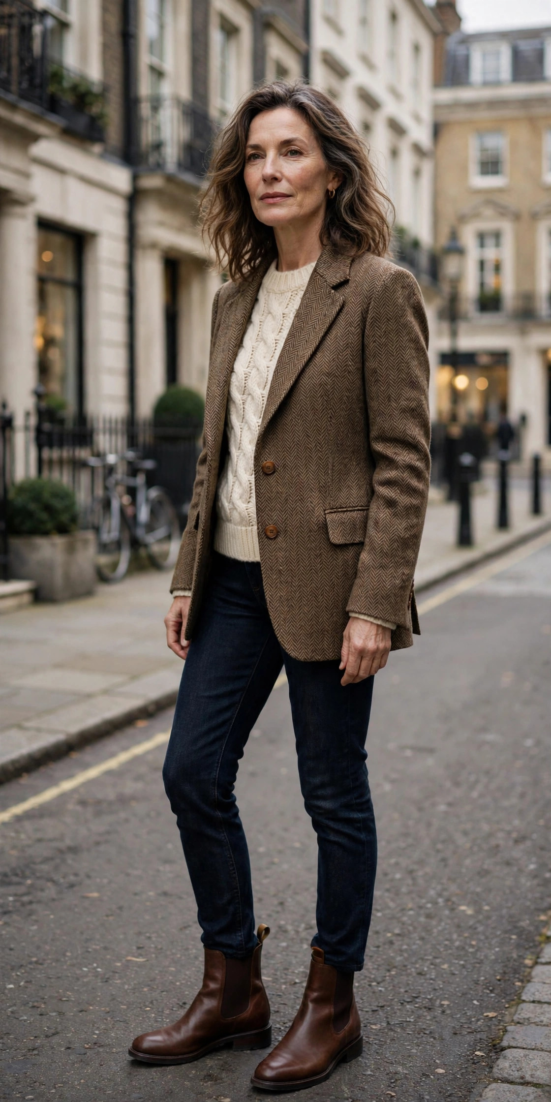 Woman over 50 wearing a brown herringbone blazer with cream sweater and Chelsea boots in London