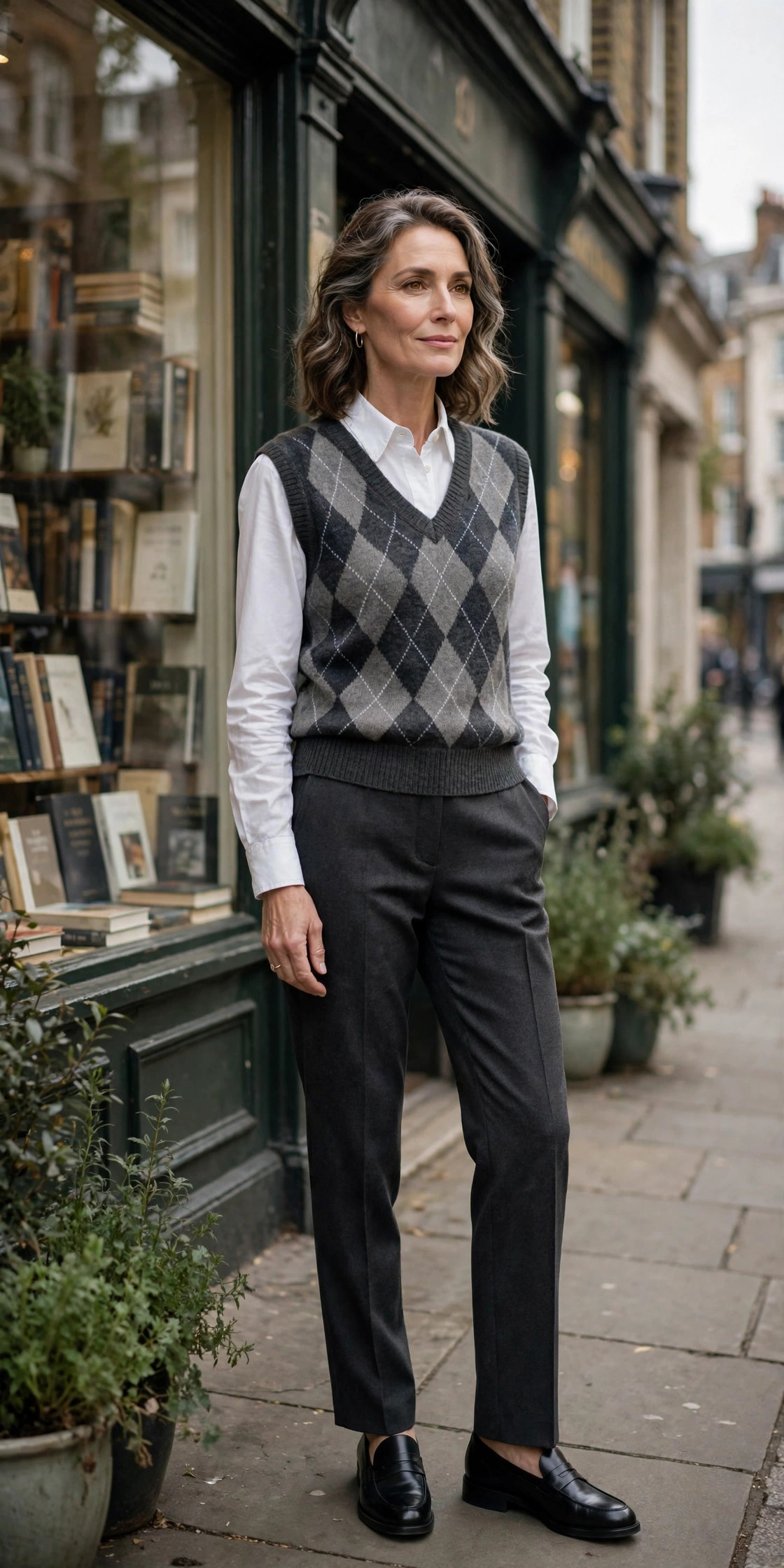 Woman over 50 in a white oxford shirt under an argyle knit vest outside a London bookshop
