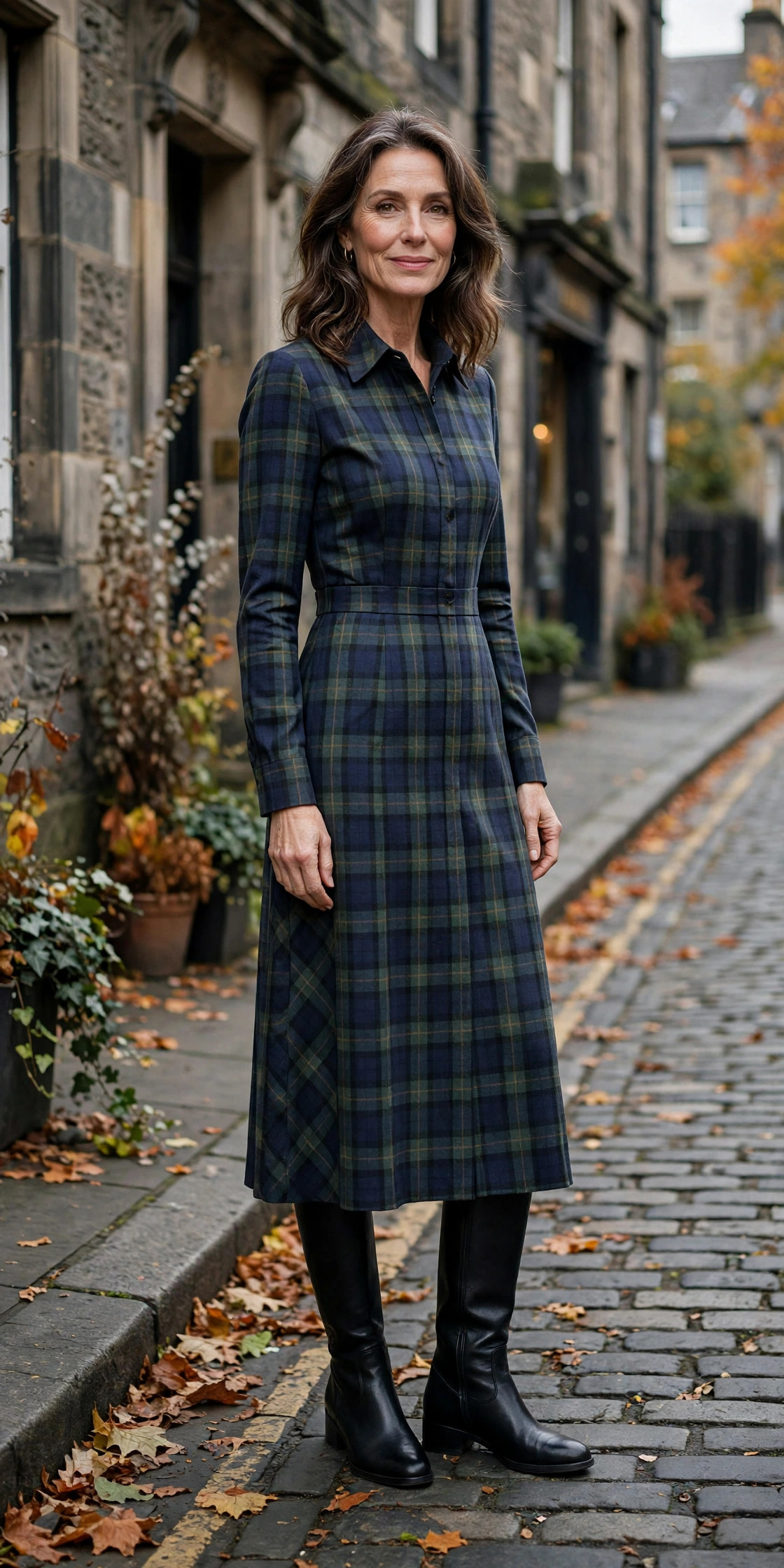 Woman over 50 in a muted tartan midi dress with black tights and knee-high boots in autumn