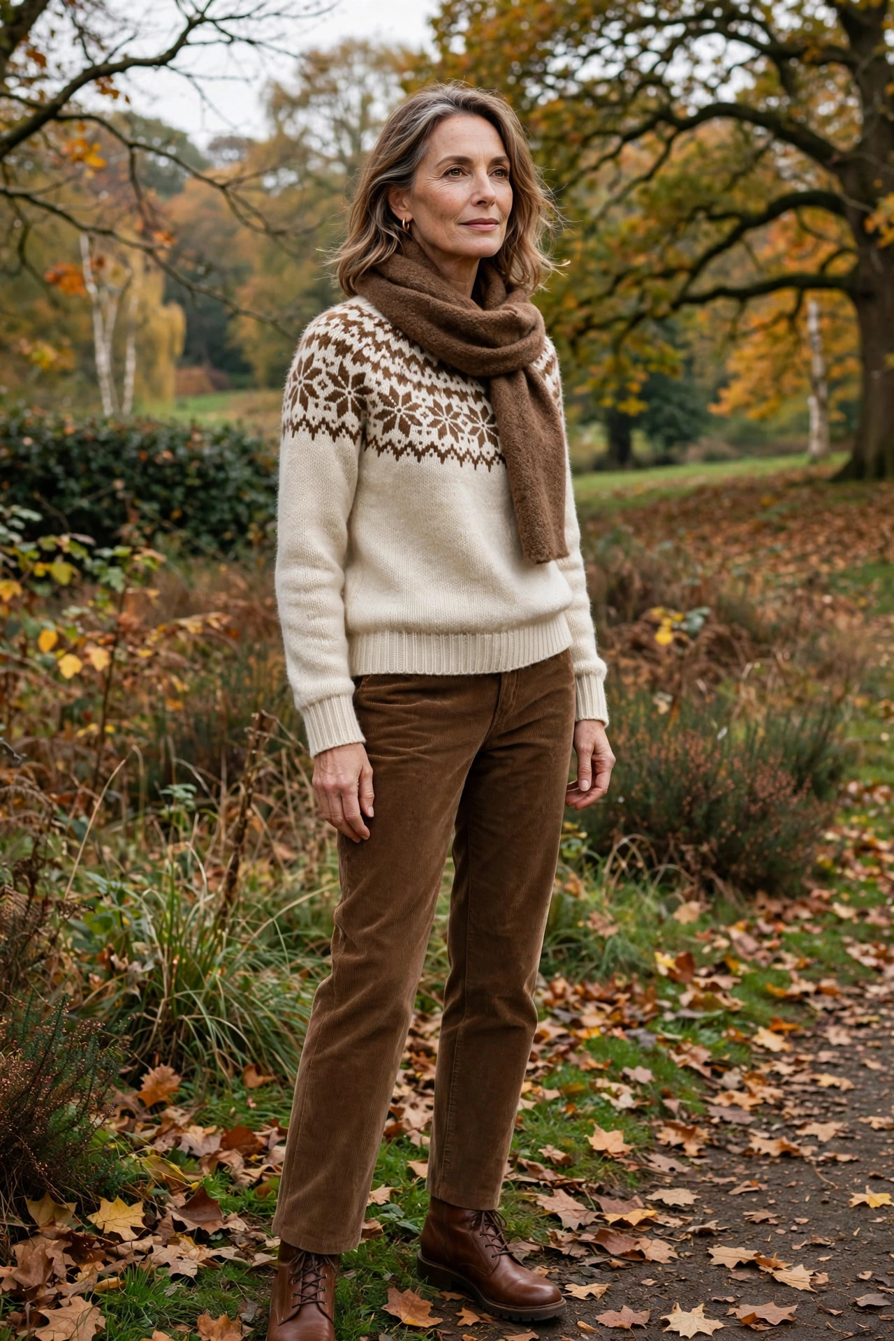 Woman over 50 wearing a cream Fair Isle sweater with brown corduroys in autumn in London