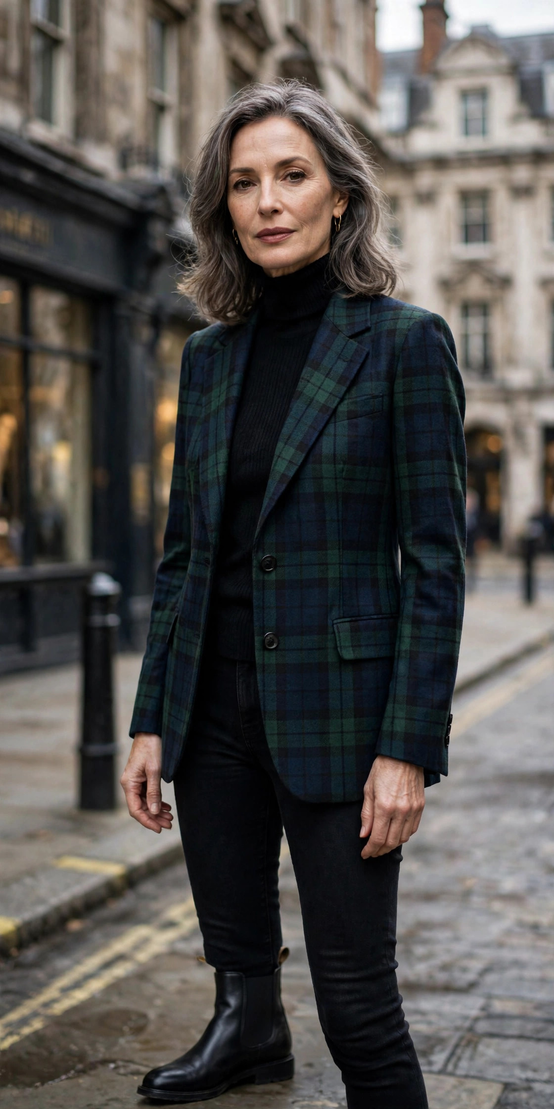Woman over 50 in a Black Watch tartan blazer over black layers in the City of London