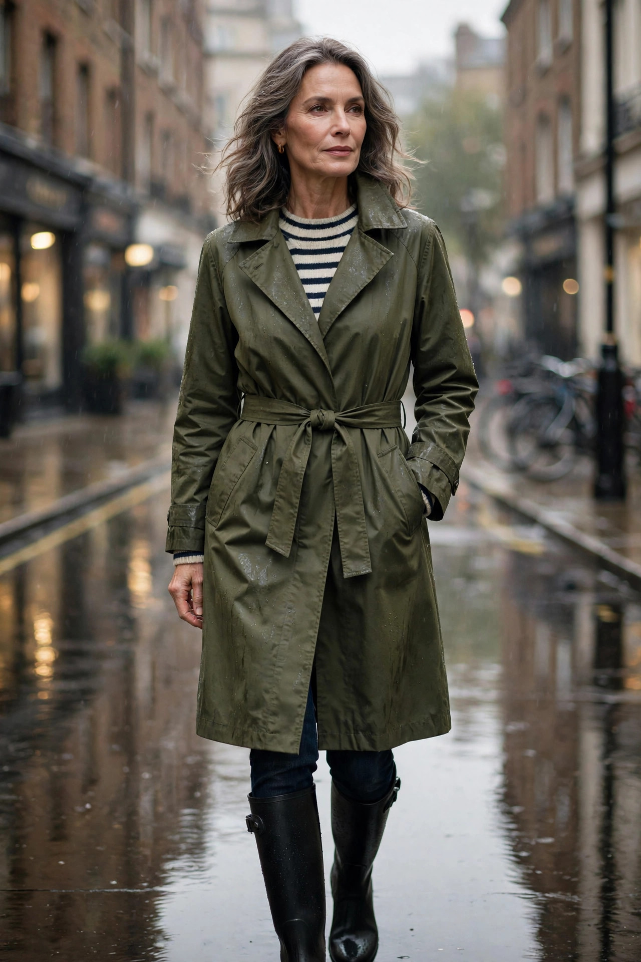 Woman over 50 in an olive belted raincoat with striped sweater on a rainy London street