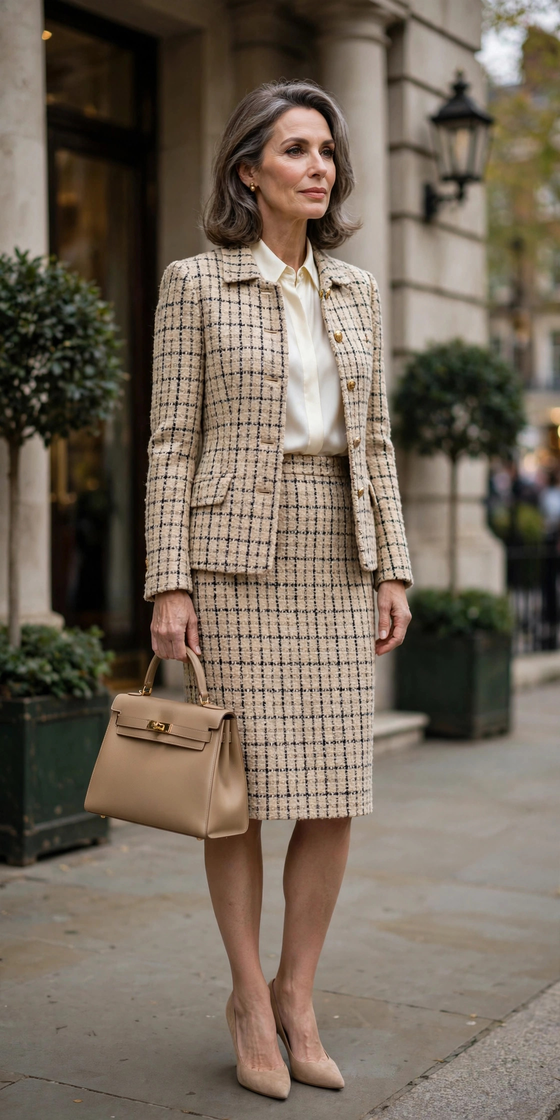 Woman over 50 wearing a tweed skirt suit with ivory silk blouse outside a London hotel