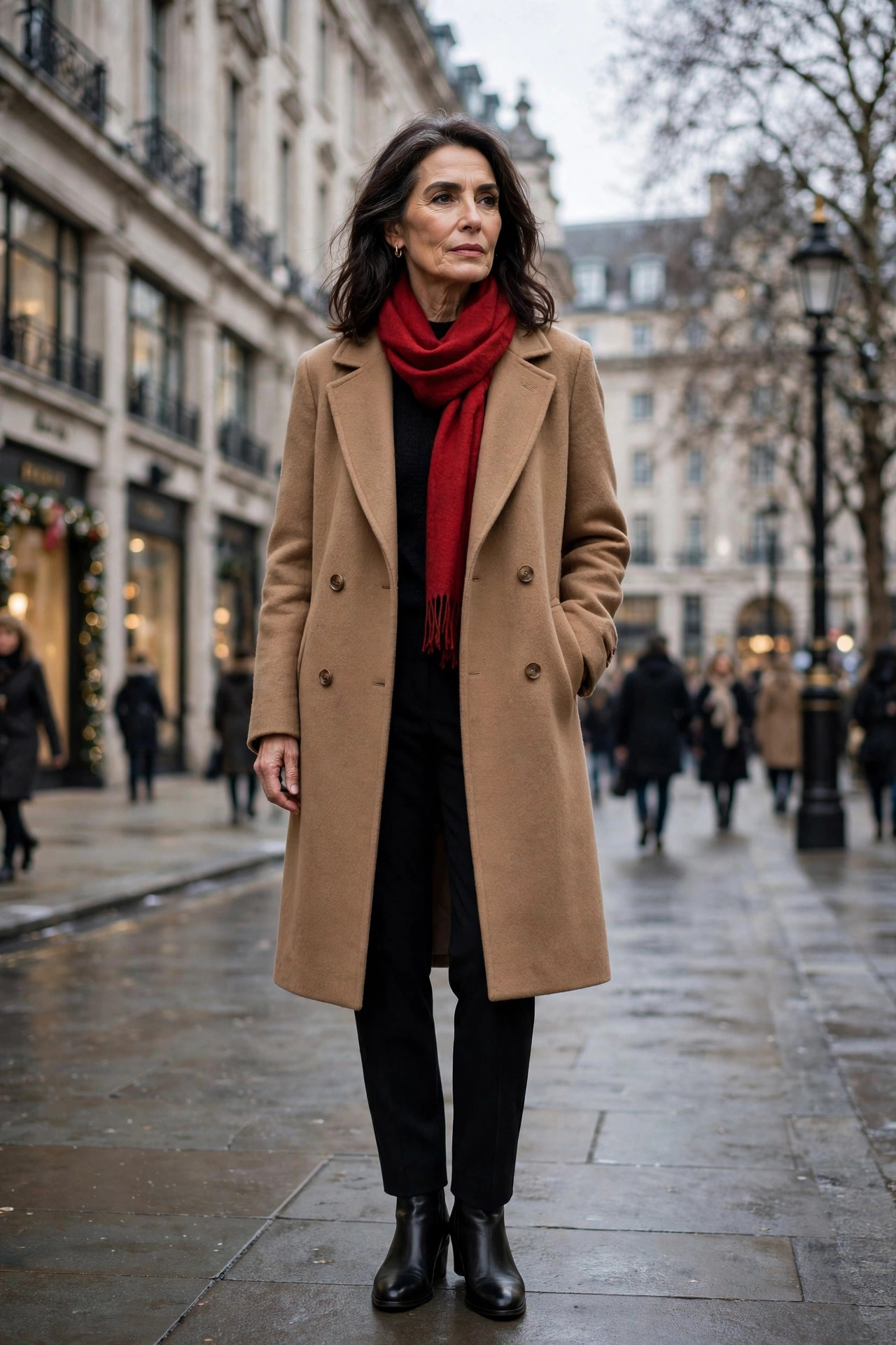 Woman over 50 in a camel wool coat with a red scarf and black layers in London winter