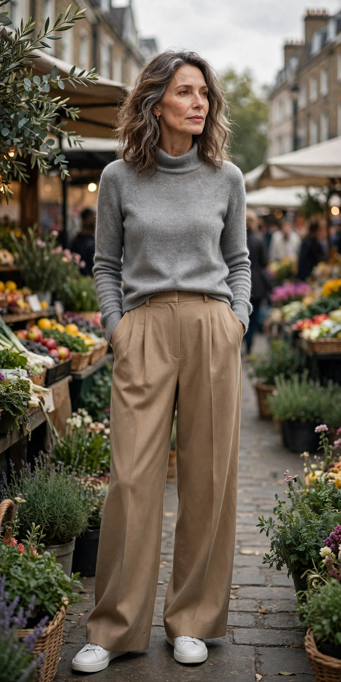 Woman over 50 in a grey cashmere roll-neck with camel wide-leg trousers at a London market