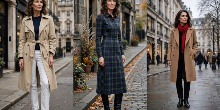 London style for women over 50: 12 tailored witty looks collage