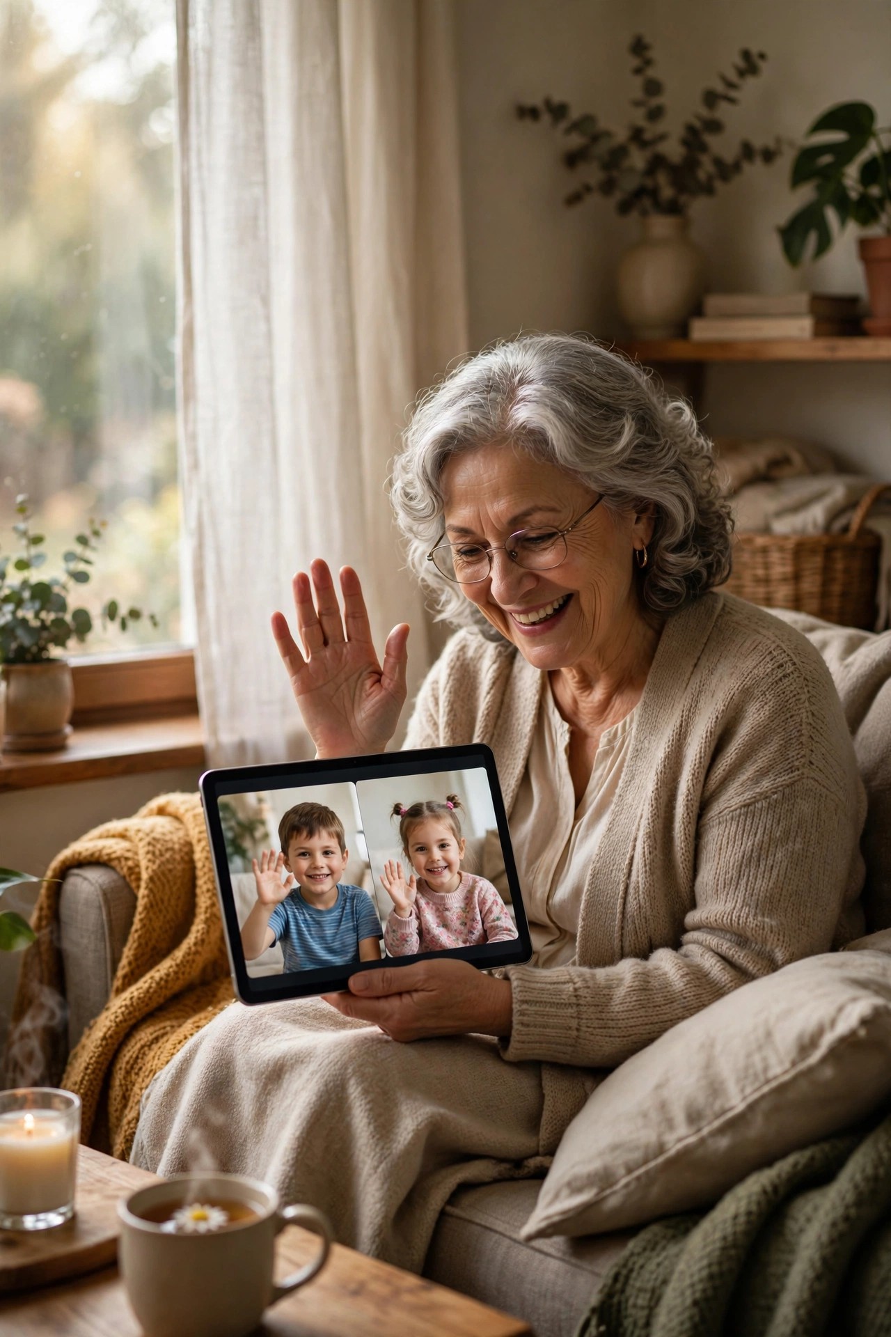 Smiling grandmother video-calling her grandchildren on a tablet in a cozy living room
