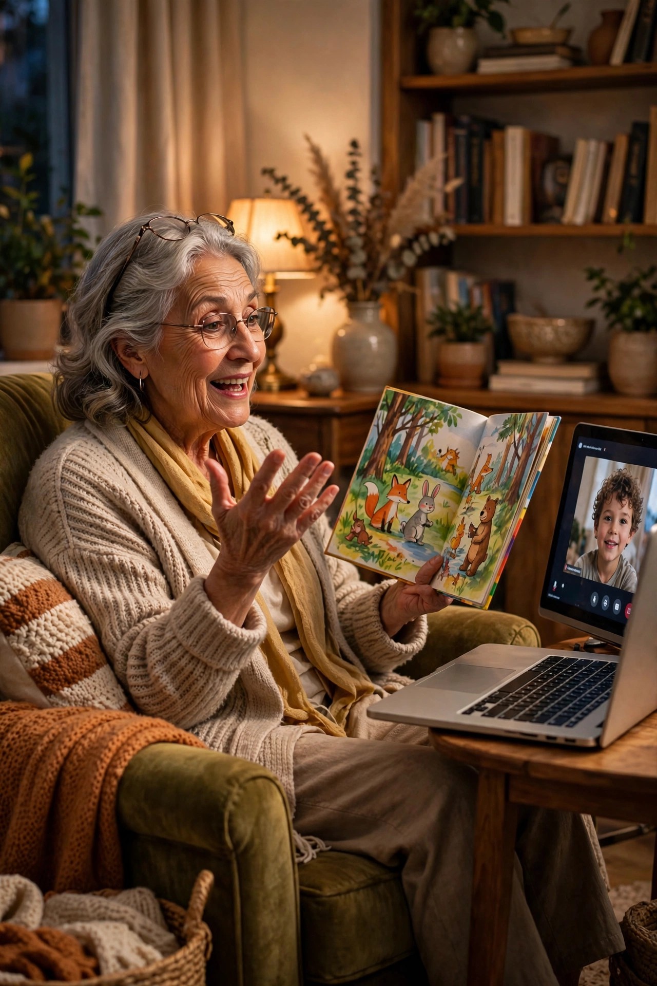 Grandmother reading a picture book aloud on a video call from her armchair