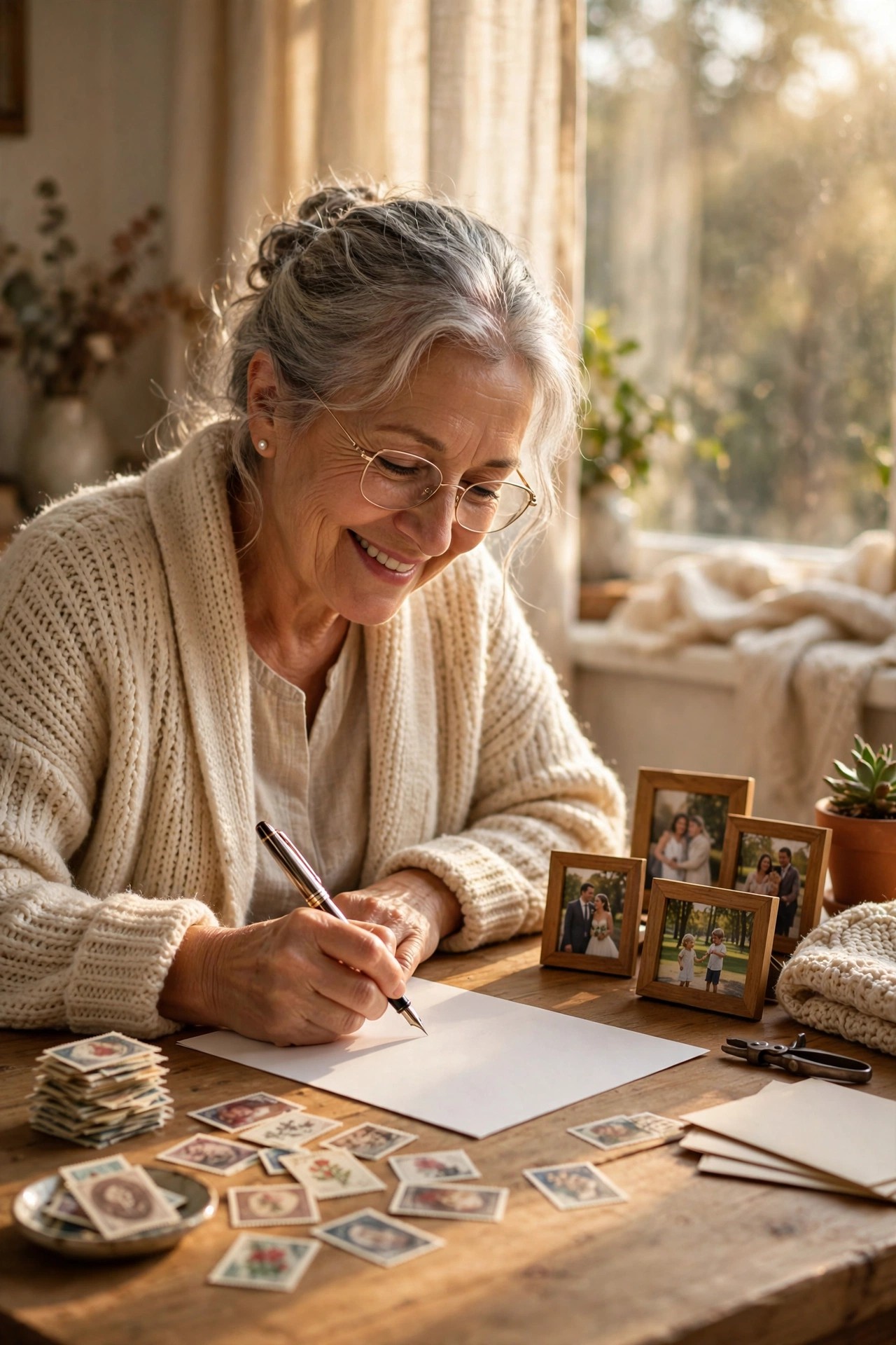 Grandmother writing a heartfelt letter at a sunny desk with stamps and photos