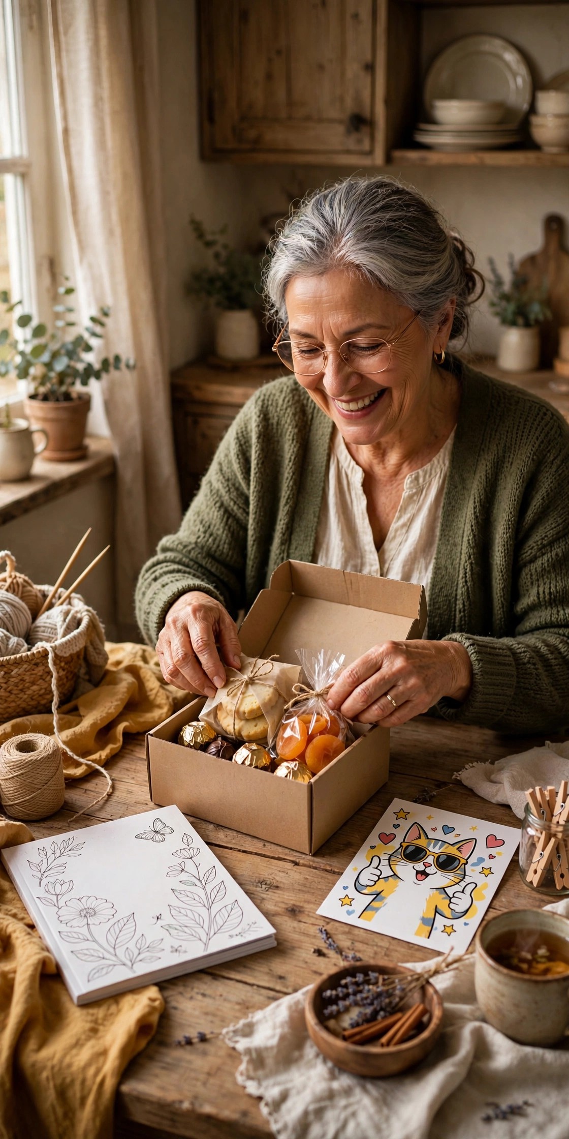 Grandmother packing a surprise care package box on her kitchen table