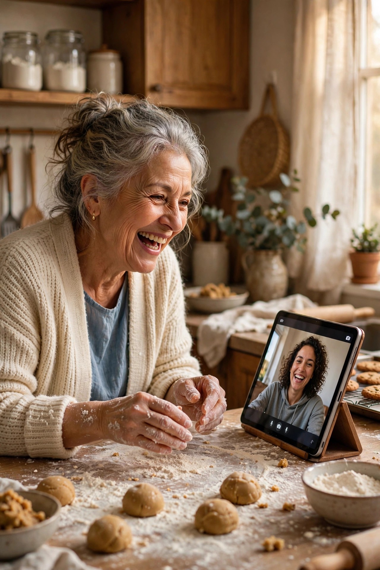 Happy grandmother baking cookies with a video call propped up in her kitchen