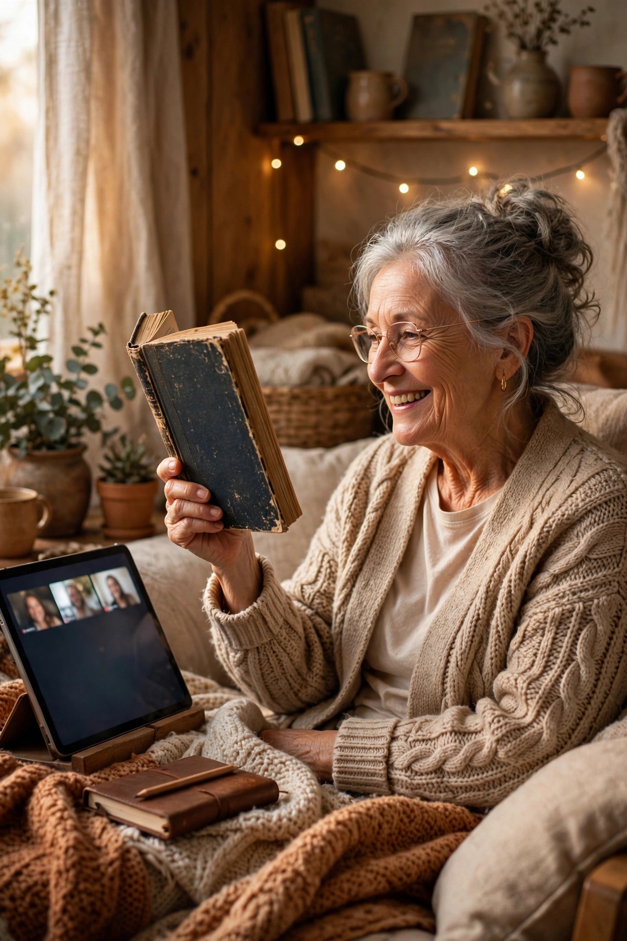 Grandmother holding a chapter book on a video call in her cozy reading nook