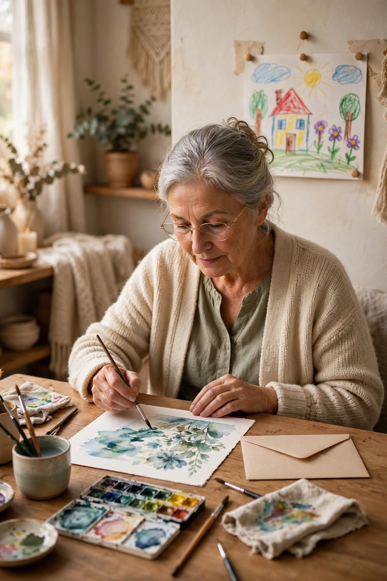 Grandmother painting watercolors with a half-finished drawing to mail