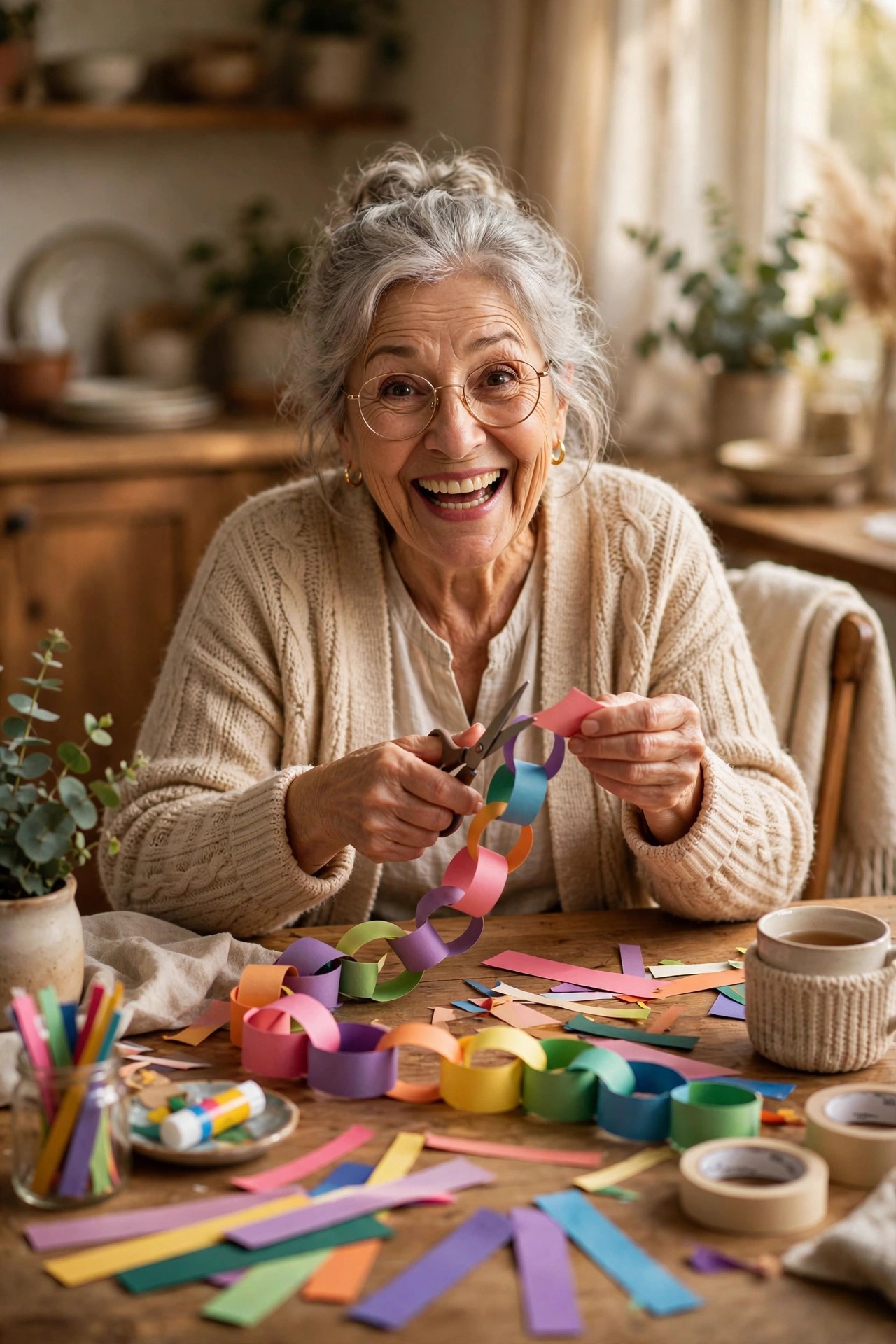 Grandmother making a colorful paper countdown chain at her dining table