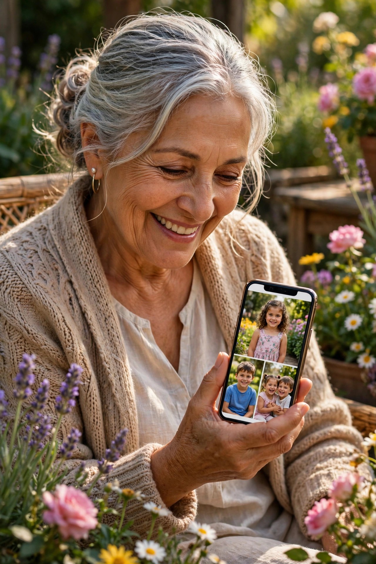 Grandmother smiling at photos of her grandchildren on her phone in a garden