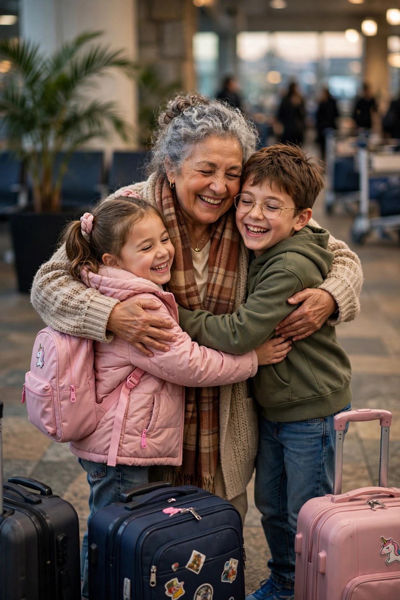 Joyful reunion hug between a grandmother and grandchildren at an airport