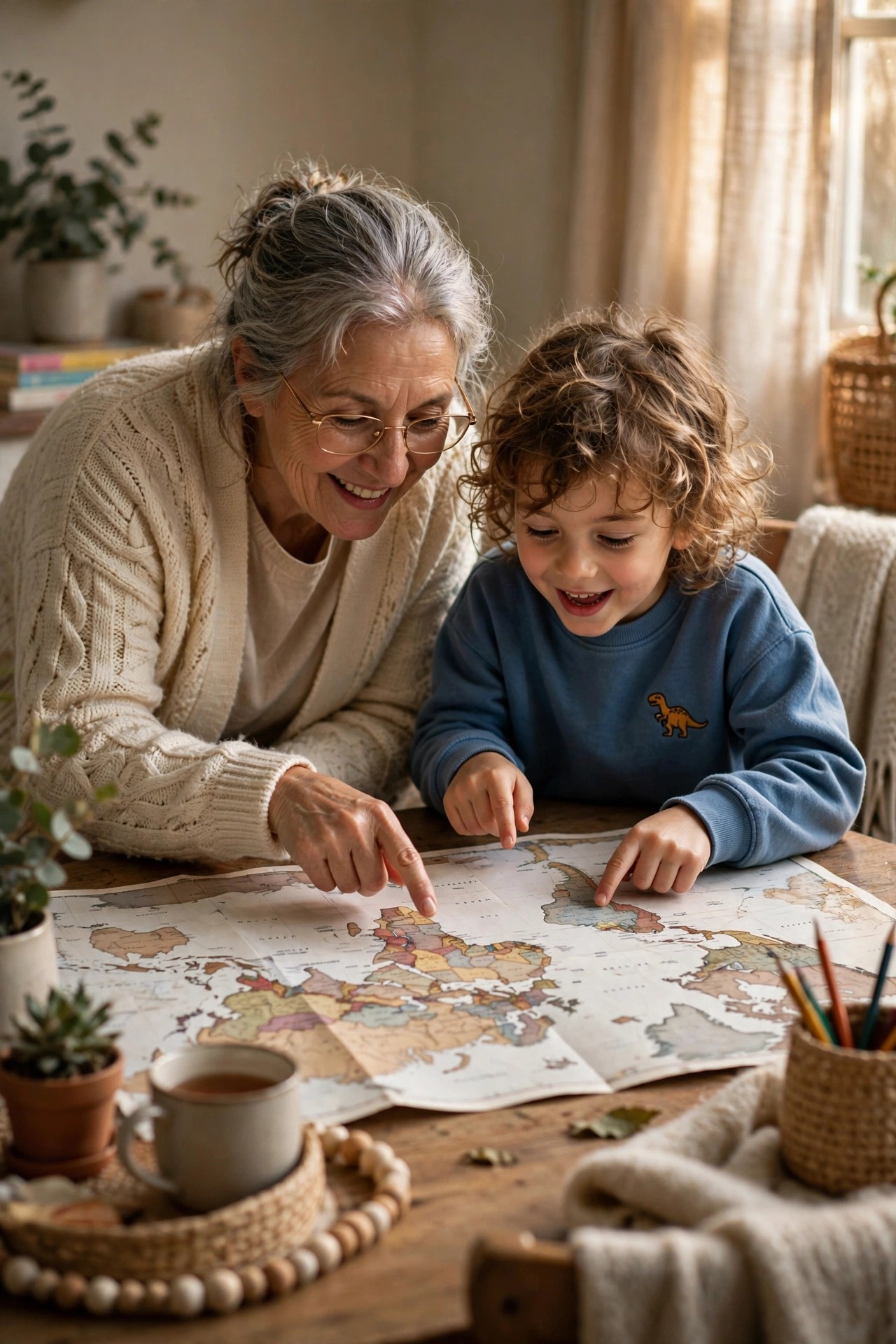 Grandmother and grandchild looking at a world map planning a dream trip