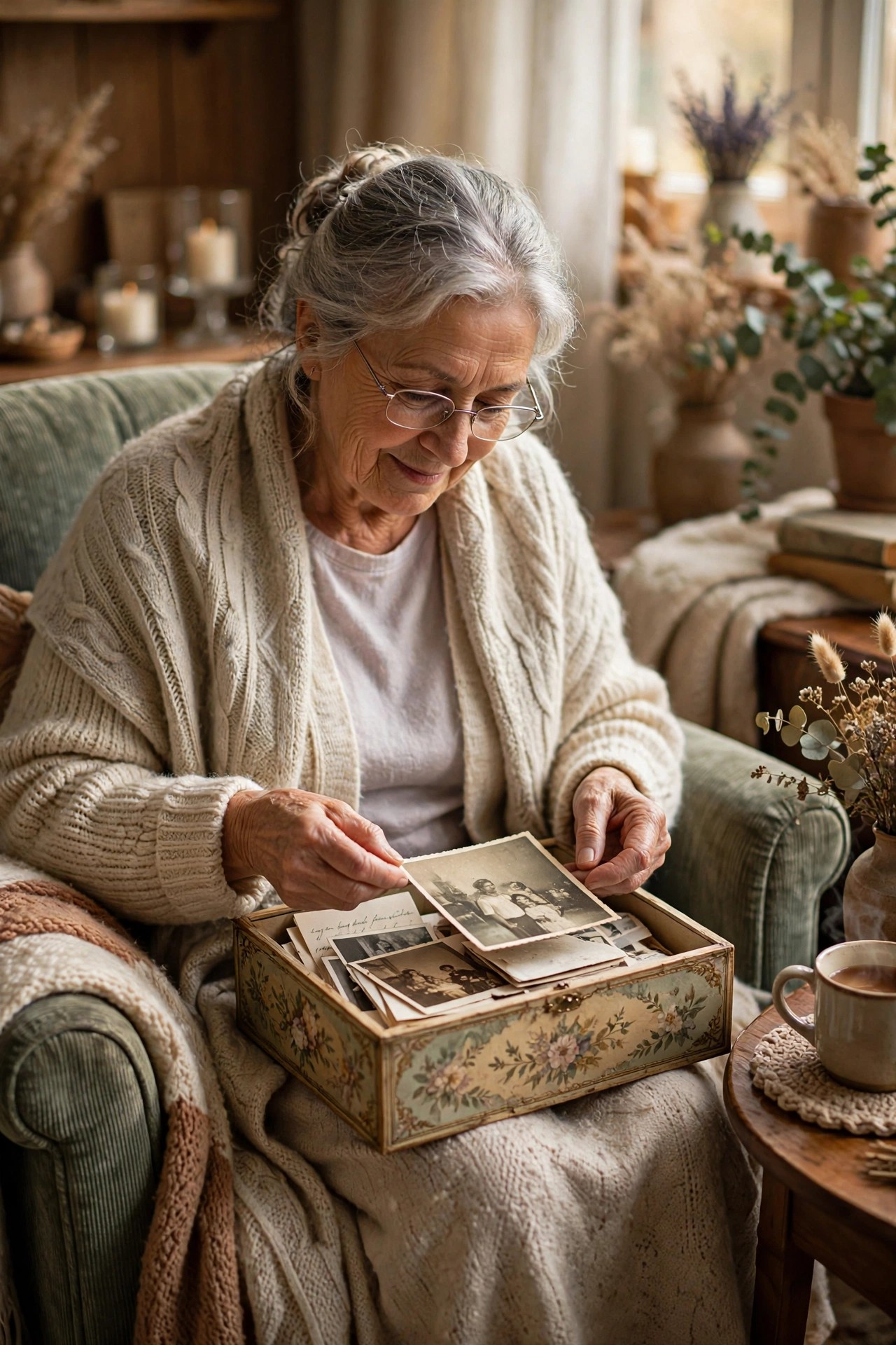 Grandmother placing letters and photos into a decorated keepsake box
