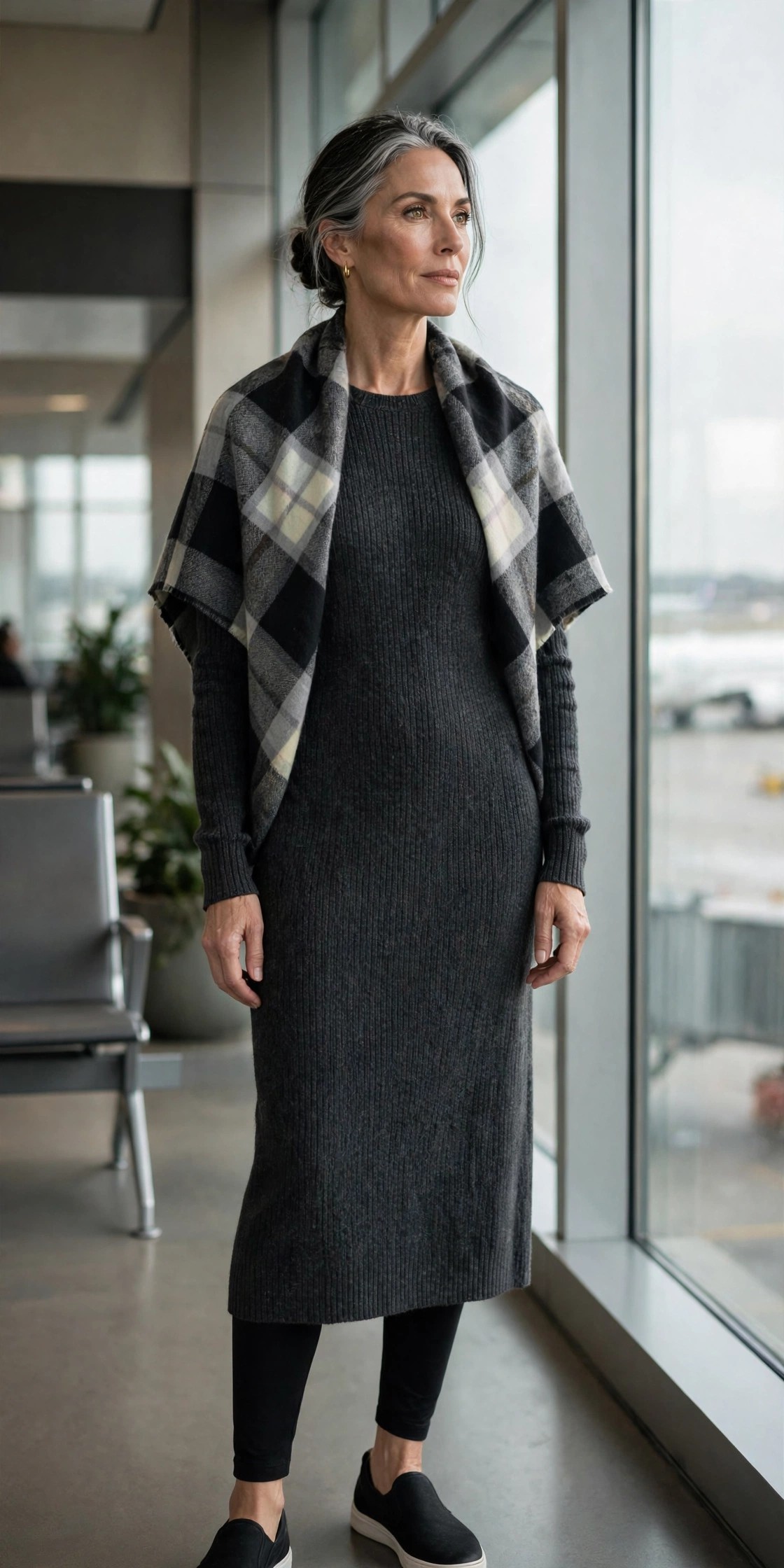Charcoal knit midi dress over black leggings with plaid blanket scarf, airport outfit for women over 50