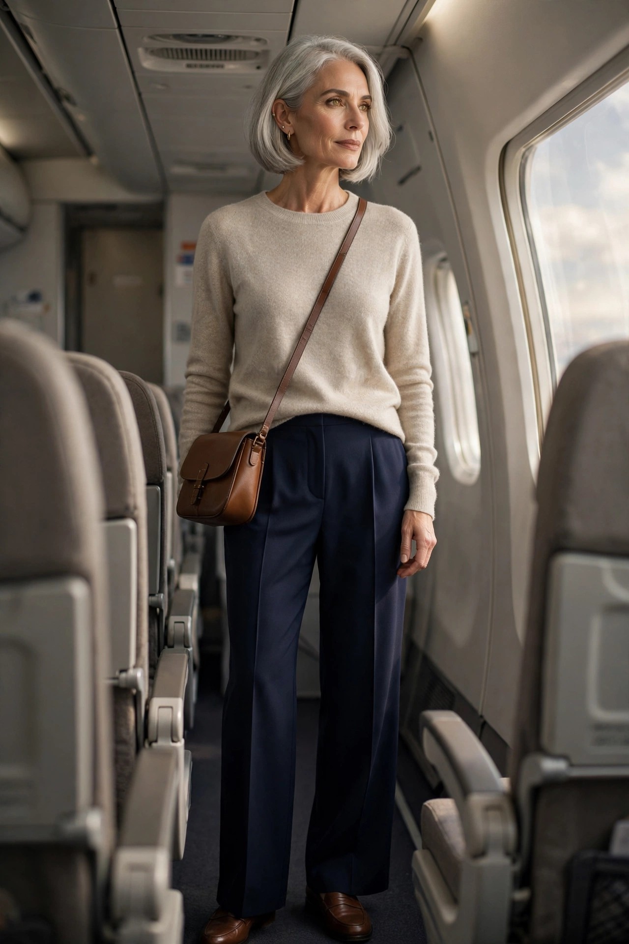Navy wide-leg ponte trousers with oatmeal cashmere sweater and loafers, long flight outfit