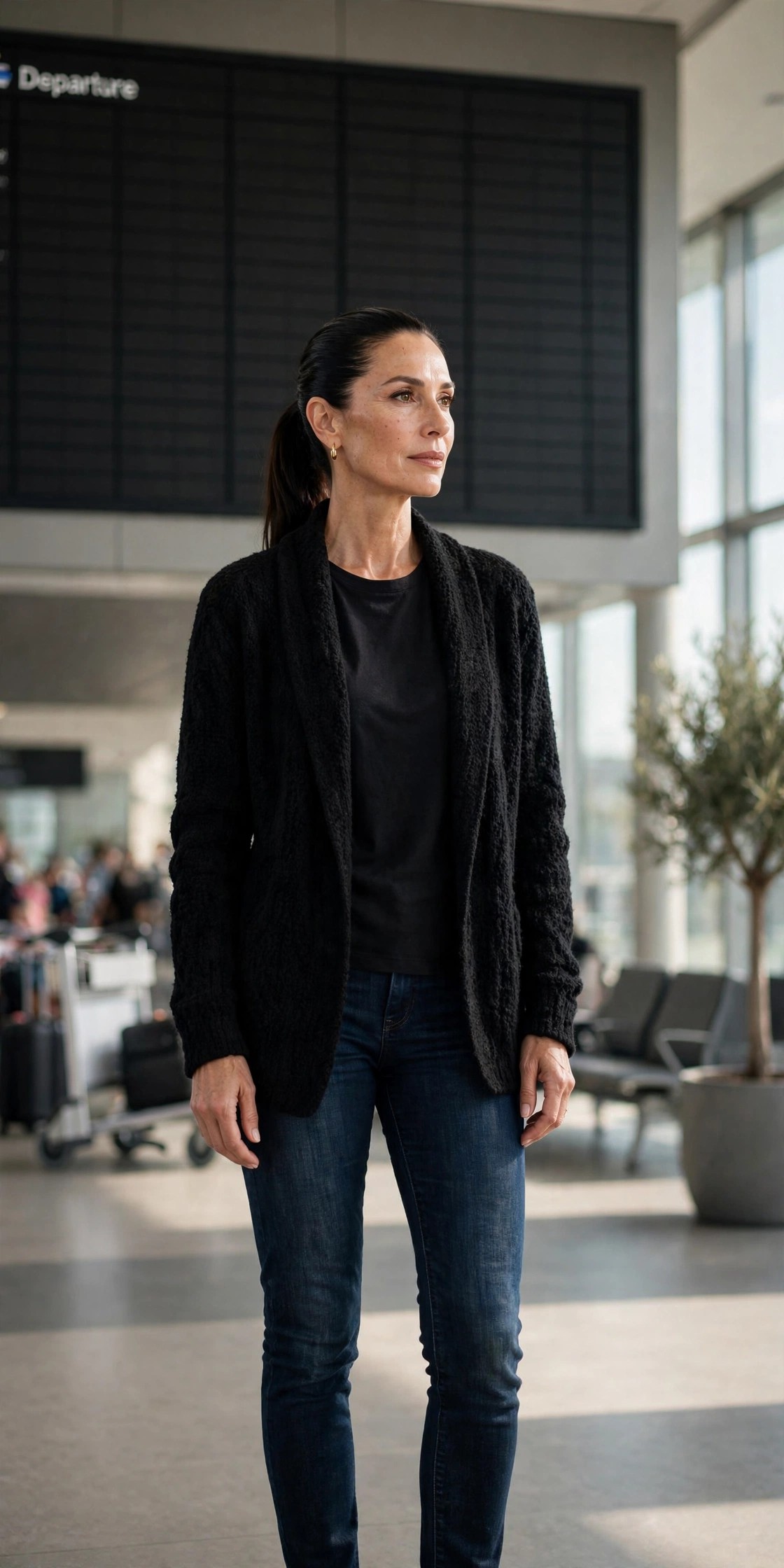 Dark stretch jeans with black slouchy knit blazer and loafers, business travel outfit over 50
