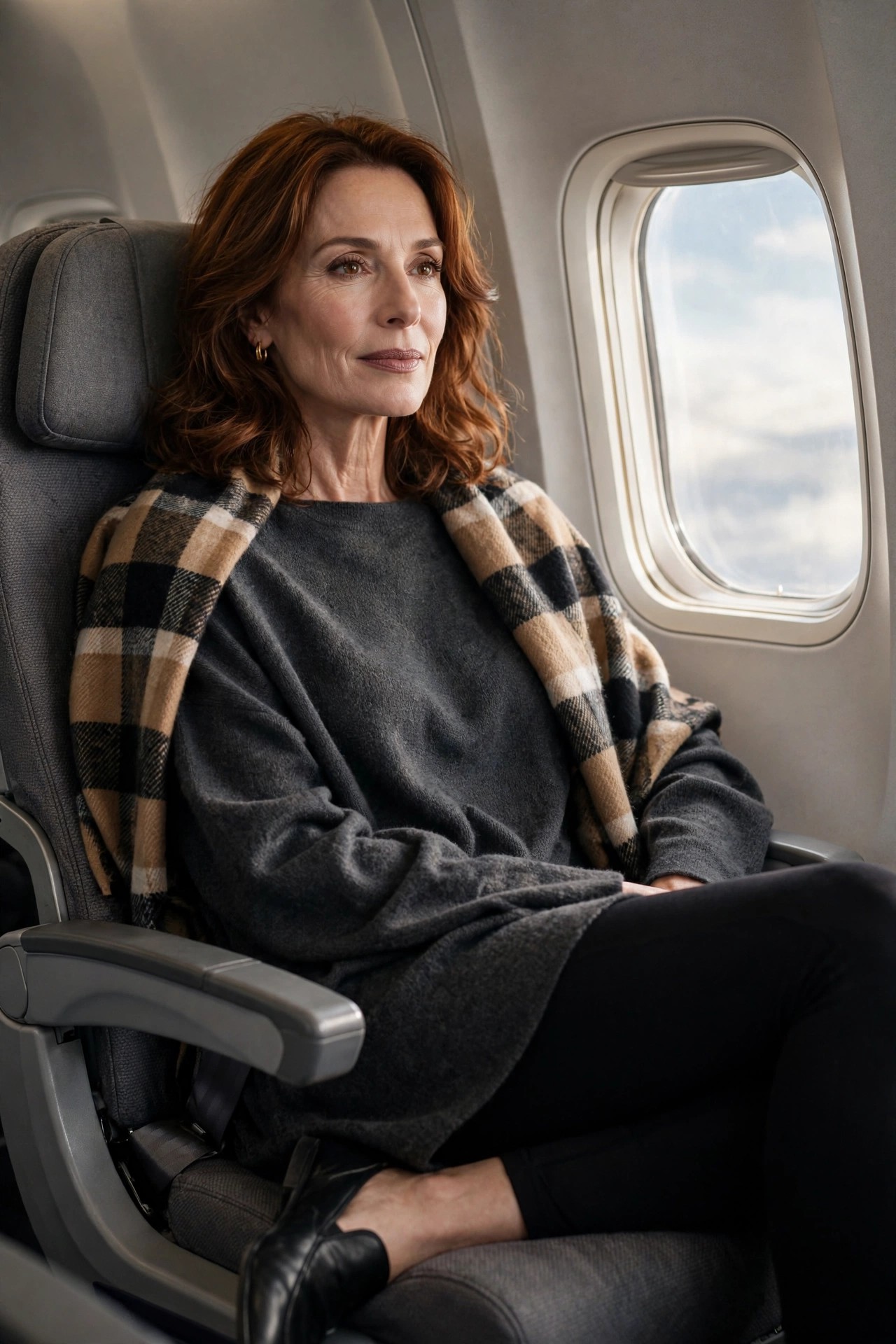 Black opaque leggings with charcoal oversized tunic and plaid blanket scarf on red-eye flight