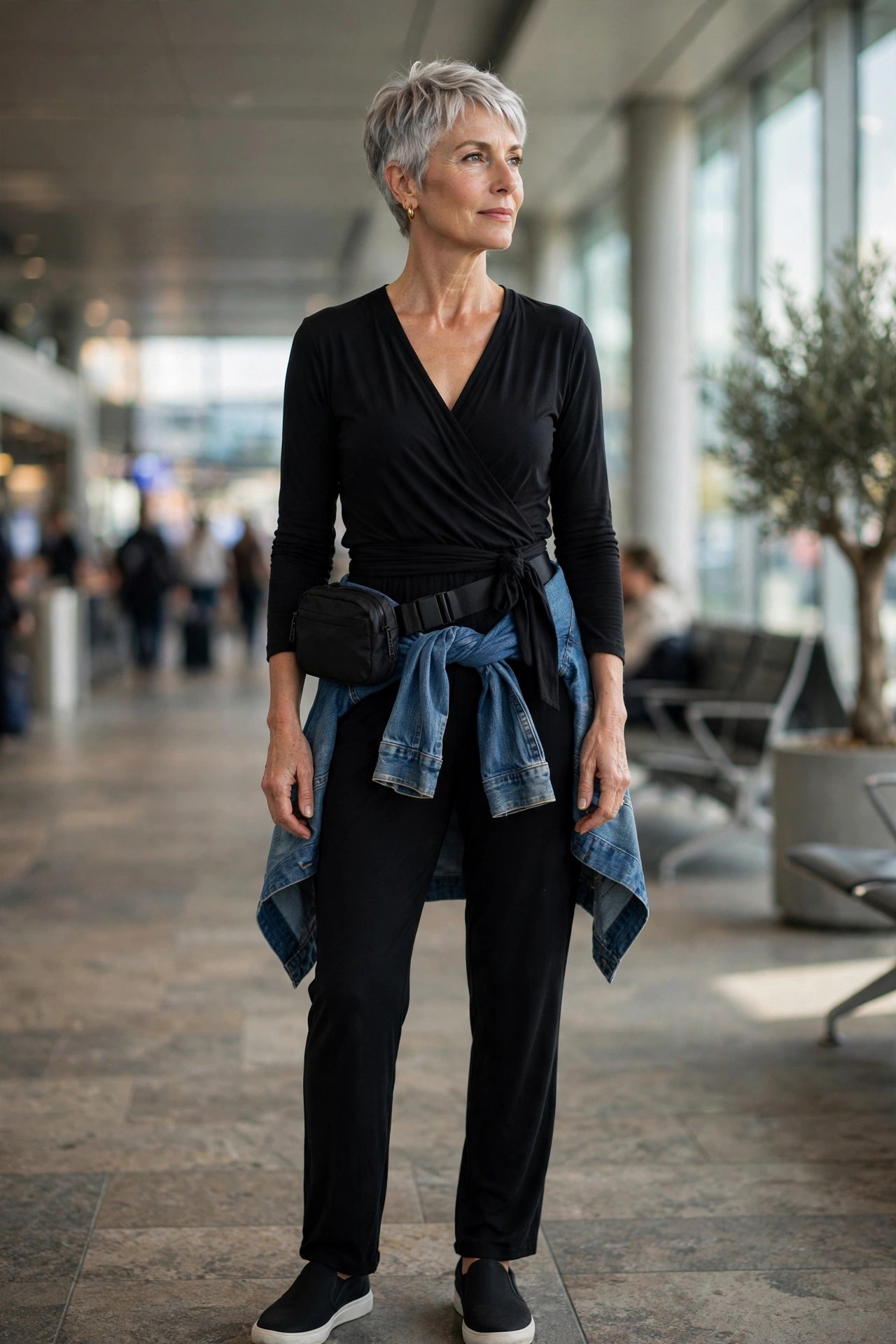 Black stretch jersey jumpsuit with denim jacket tied at waist, wrinkle-proof travel outfit