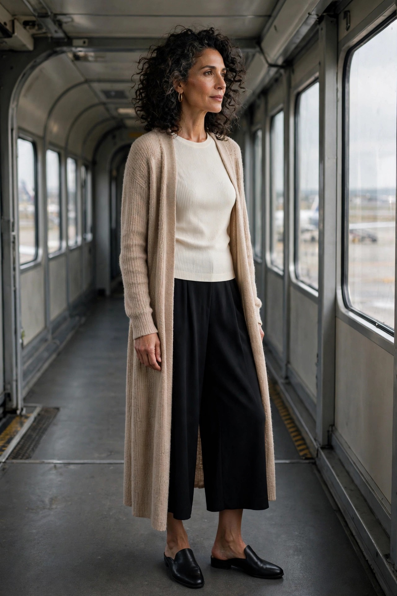 Black fluid culottes with ivory ribbed top and long open cardigan, warm-weather flight outfit