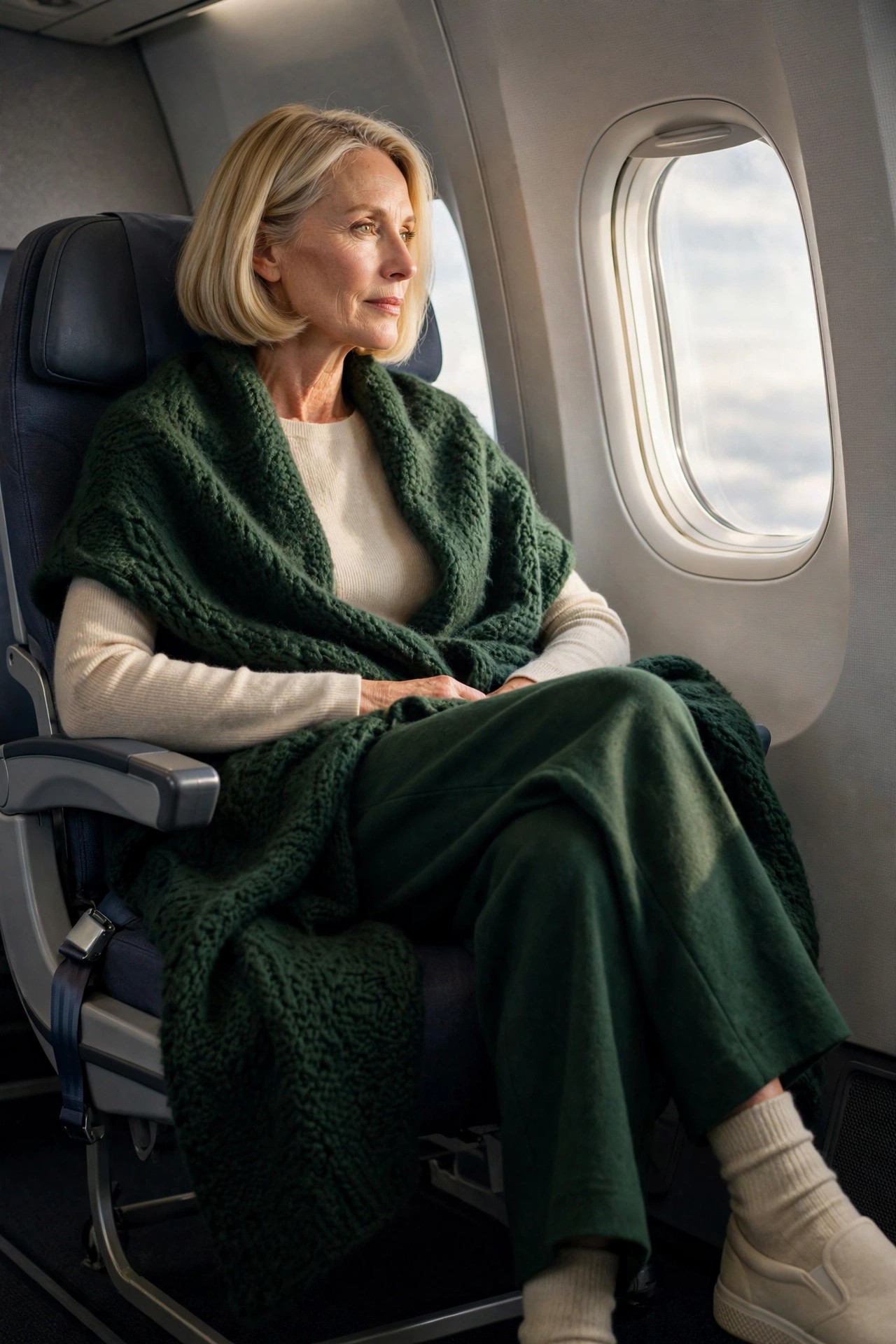 Forest green merino wool base layer with large wool wrap for freezing airplane cabins