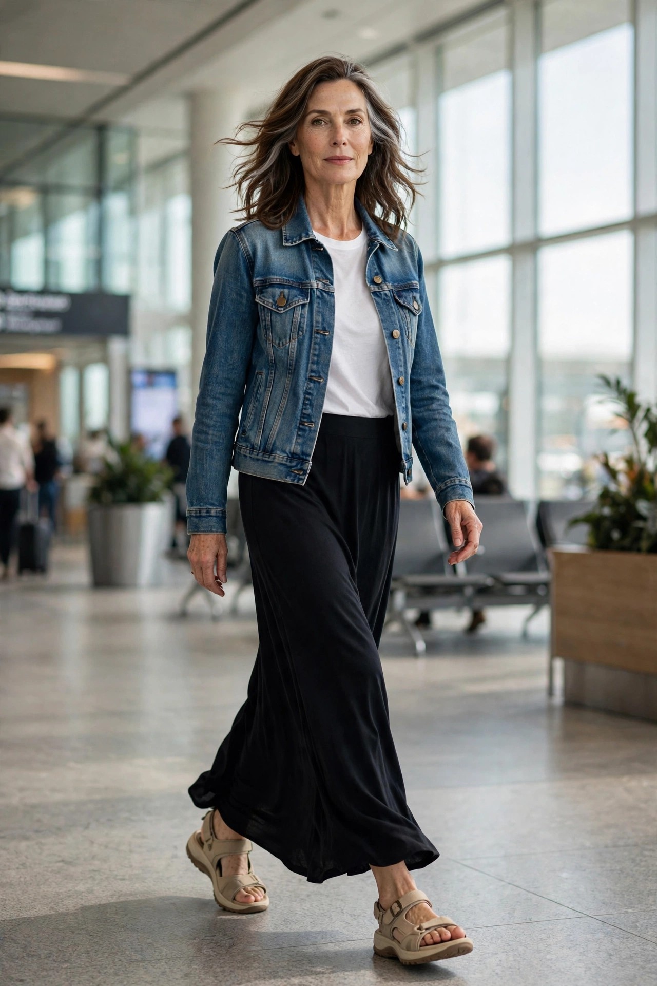 Black jersey maxi skirt with white tee and denim jacket, summer flight outfit to Europe