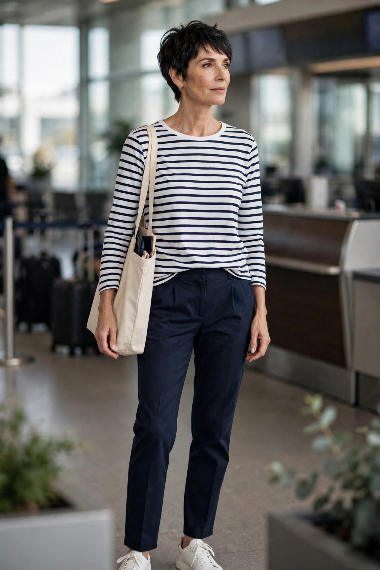 Navy pull-on chino trousers with Breton stripe top and white sneakers at airport check-in