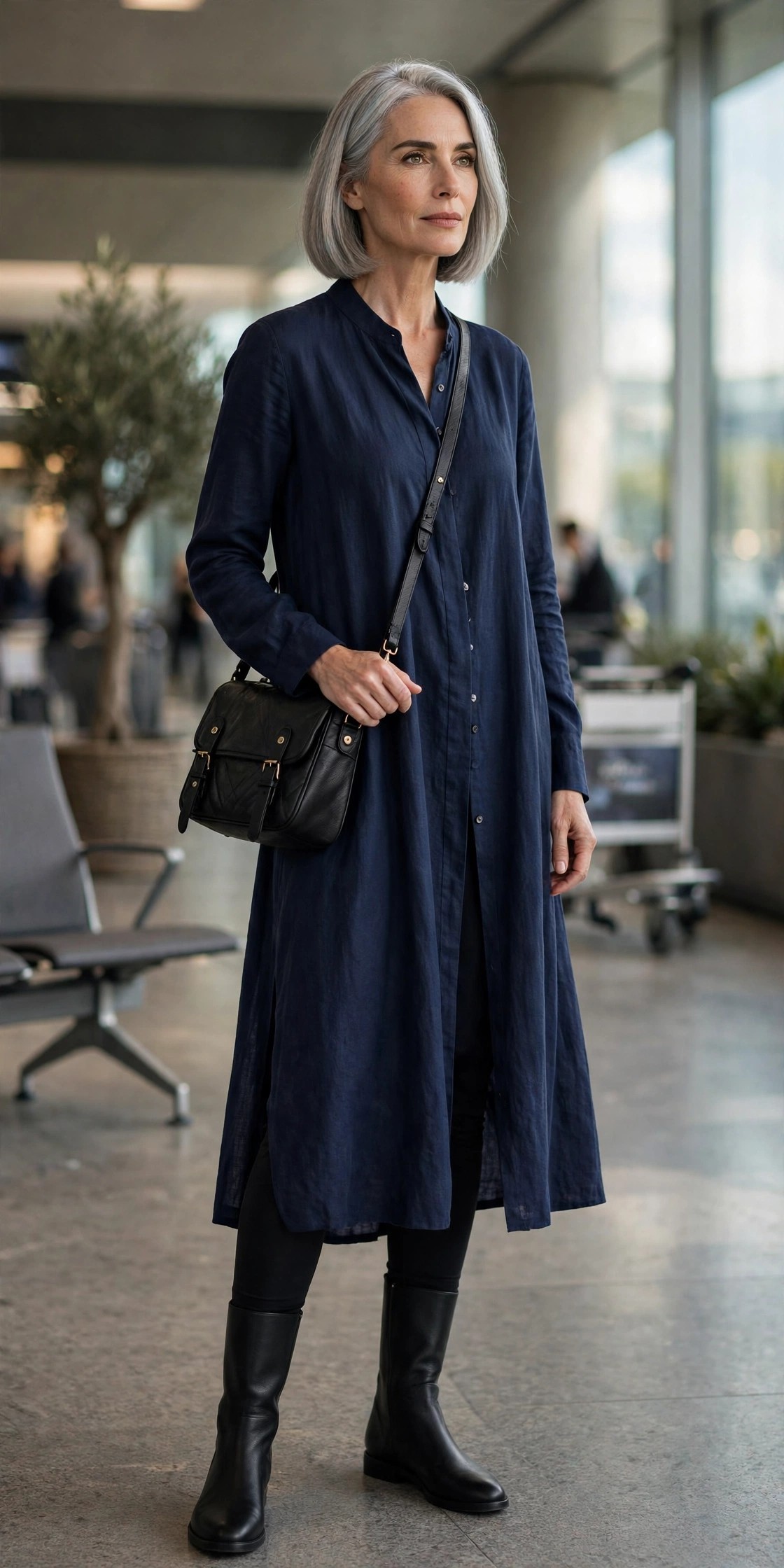 Black compression leggings with tall boots and long navy tunic, flight outfit for swollen legs