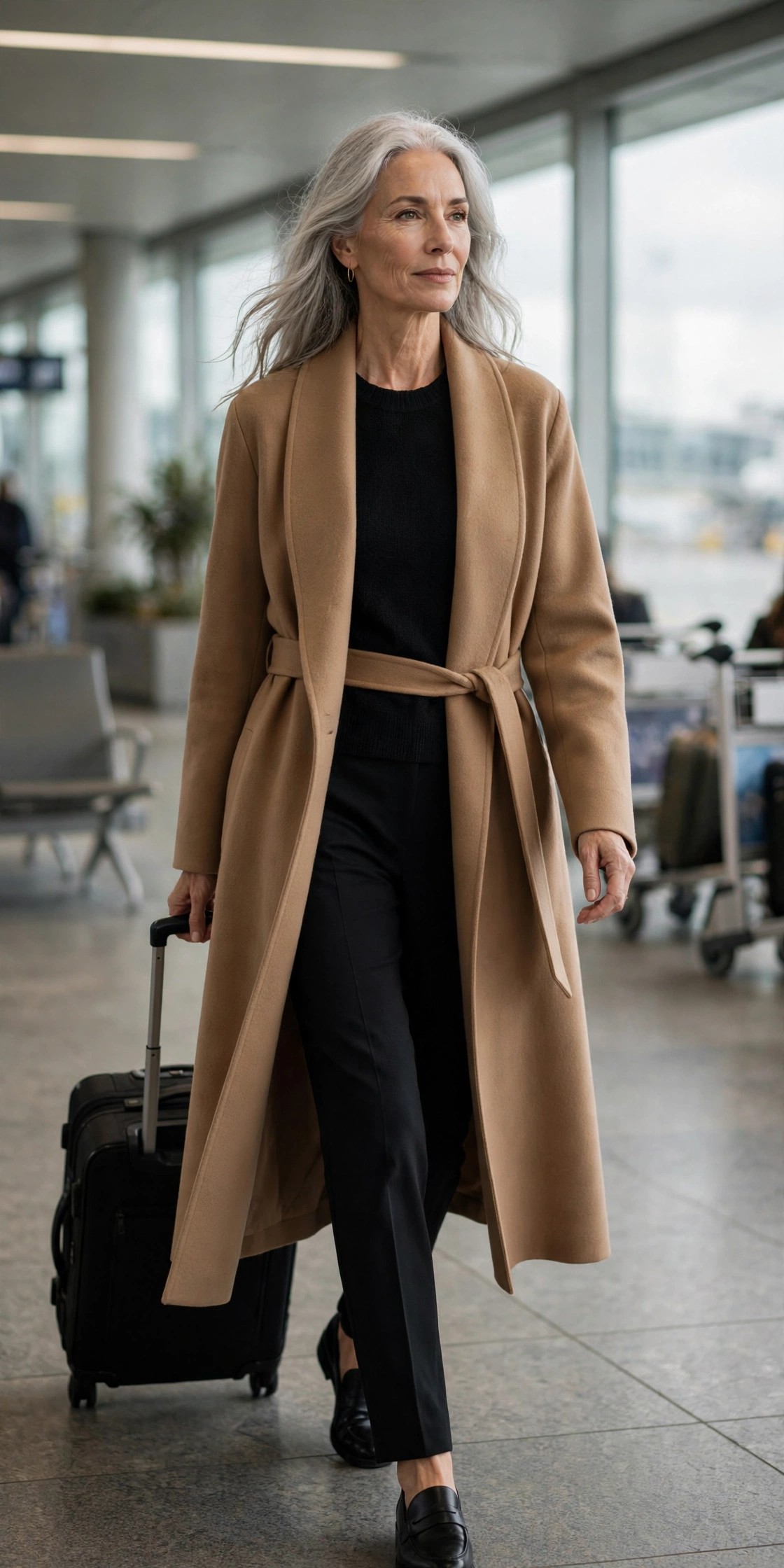 Camel duster coat over black knit top and pull-on trousers, polished terminal outfit over 50