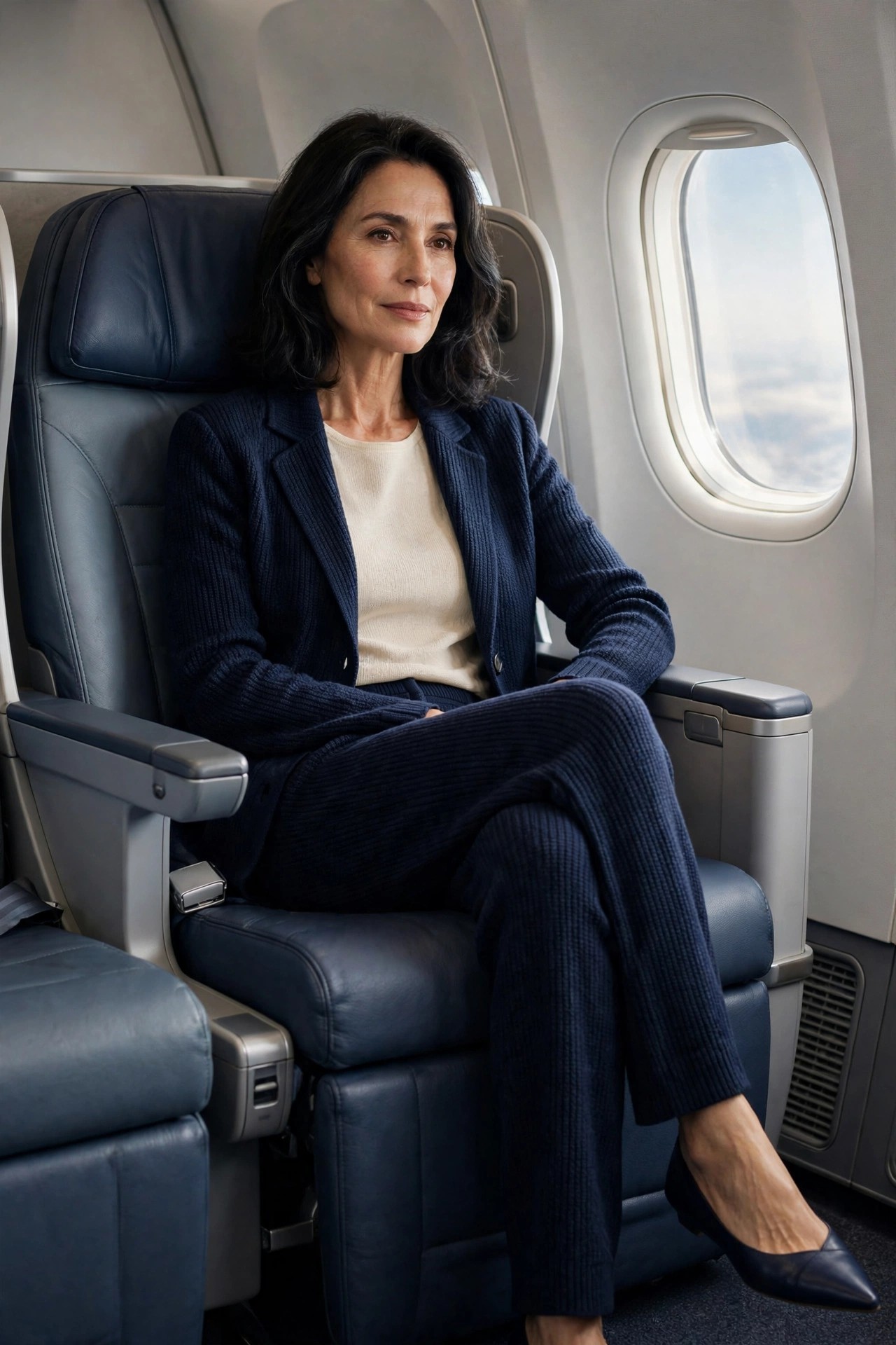 Navy soft knit suit with shell top and pointed flats, comfortable business flight outfit