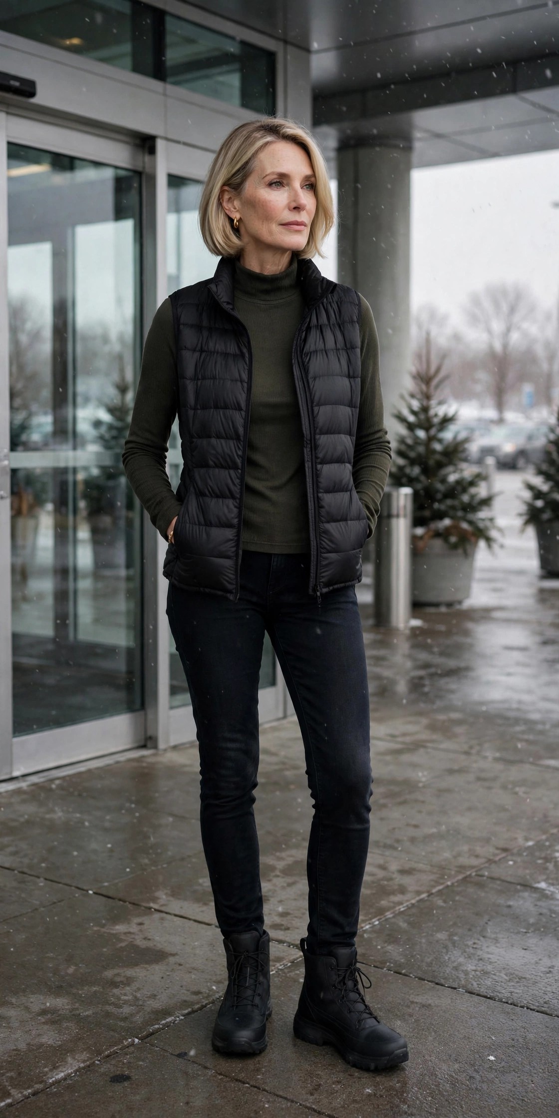 Black puffer vest over thermal top with stretch jeans and ankle boots, winter long-haul outfit