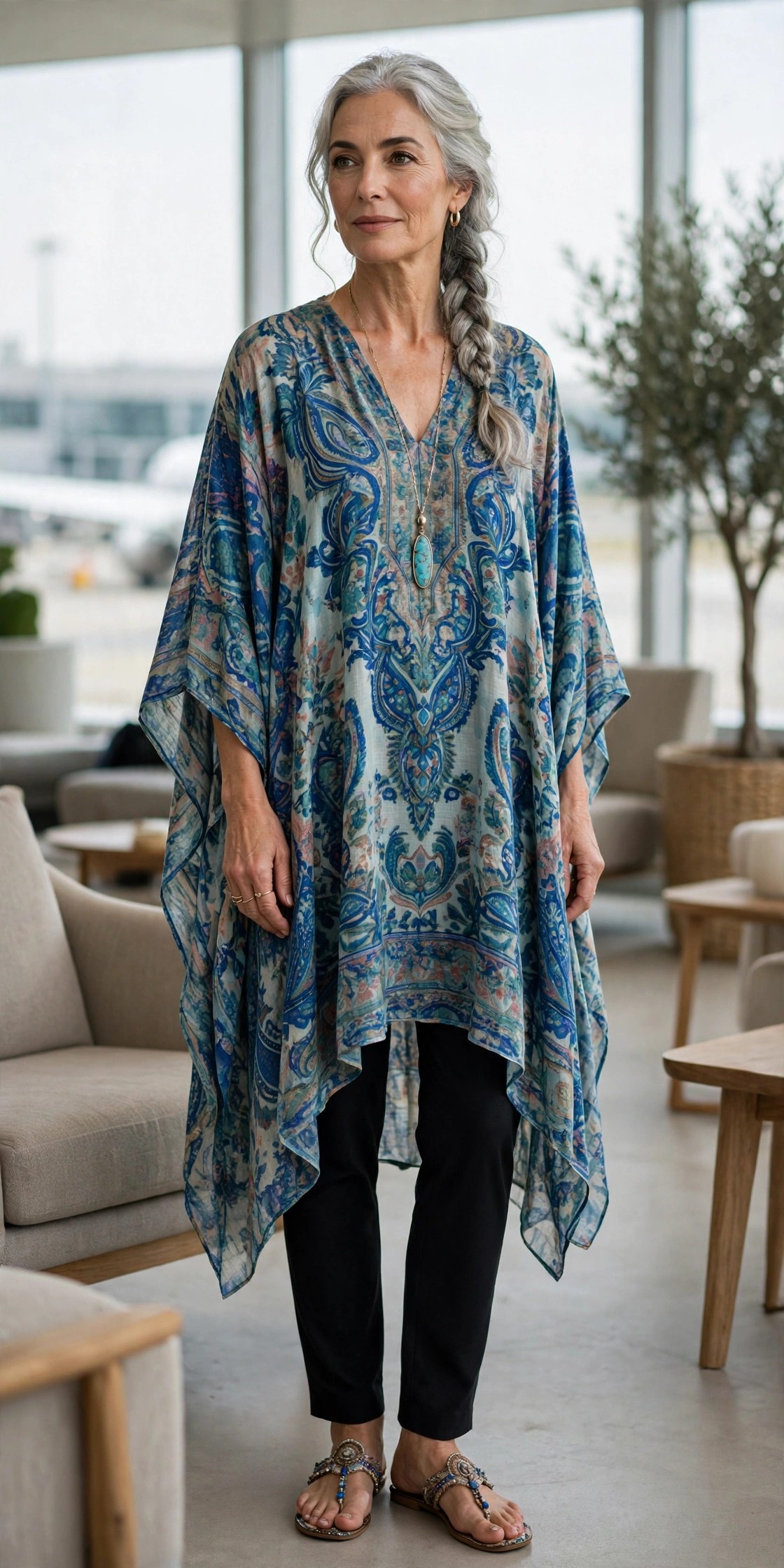 Printed kaftan tunic over black slim ankle pants, modest comfortable flight outfit