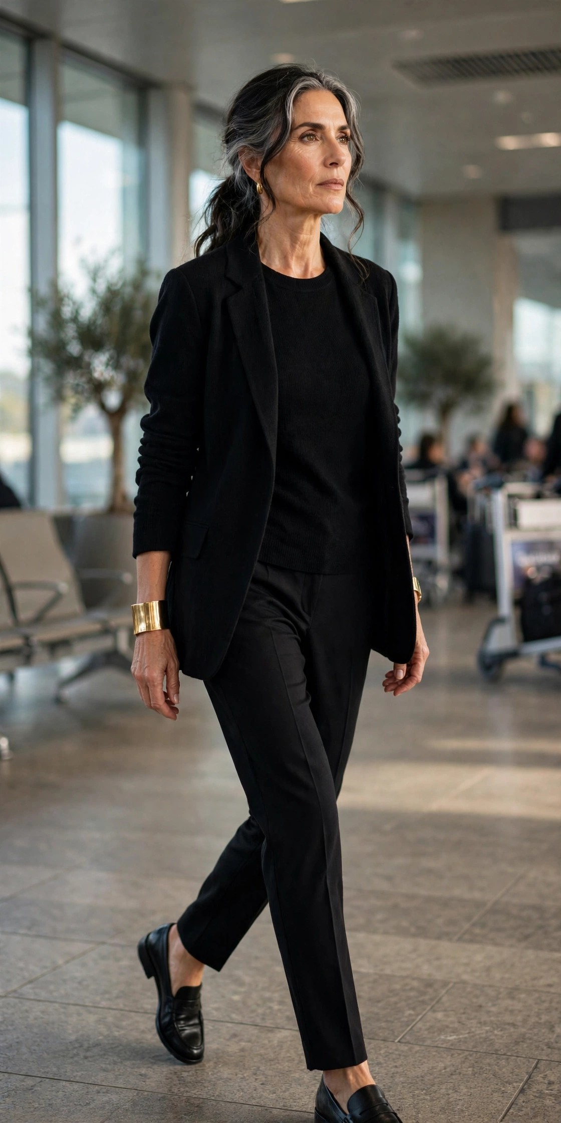 All-black travel outfit with knit top, ponte trousers, soft blazer and gold cuff bracelet