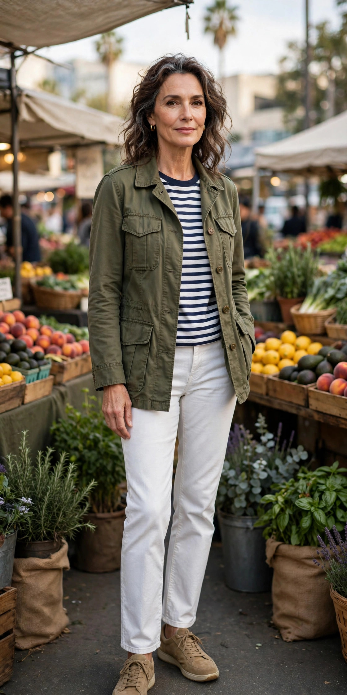 Woman over 50 in an olive utility jacket over a striped tee at a Los Angeles farmers market