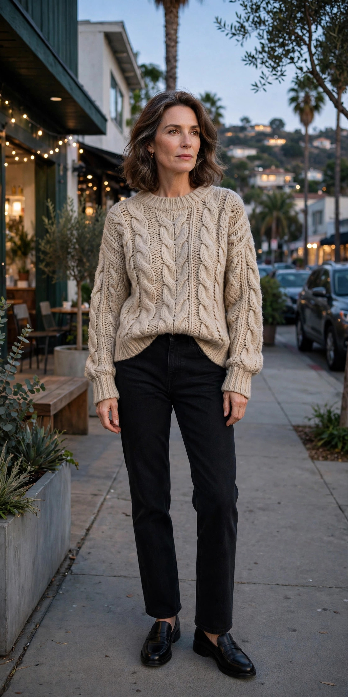 Woman over 50 wearing black jeans with an oatmeal knit sweater and loafers in the evening
