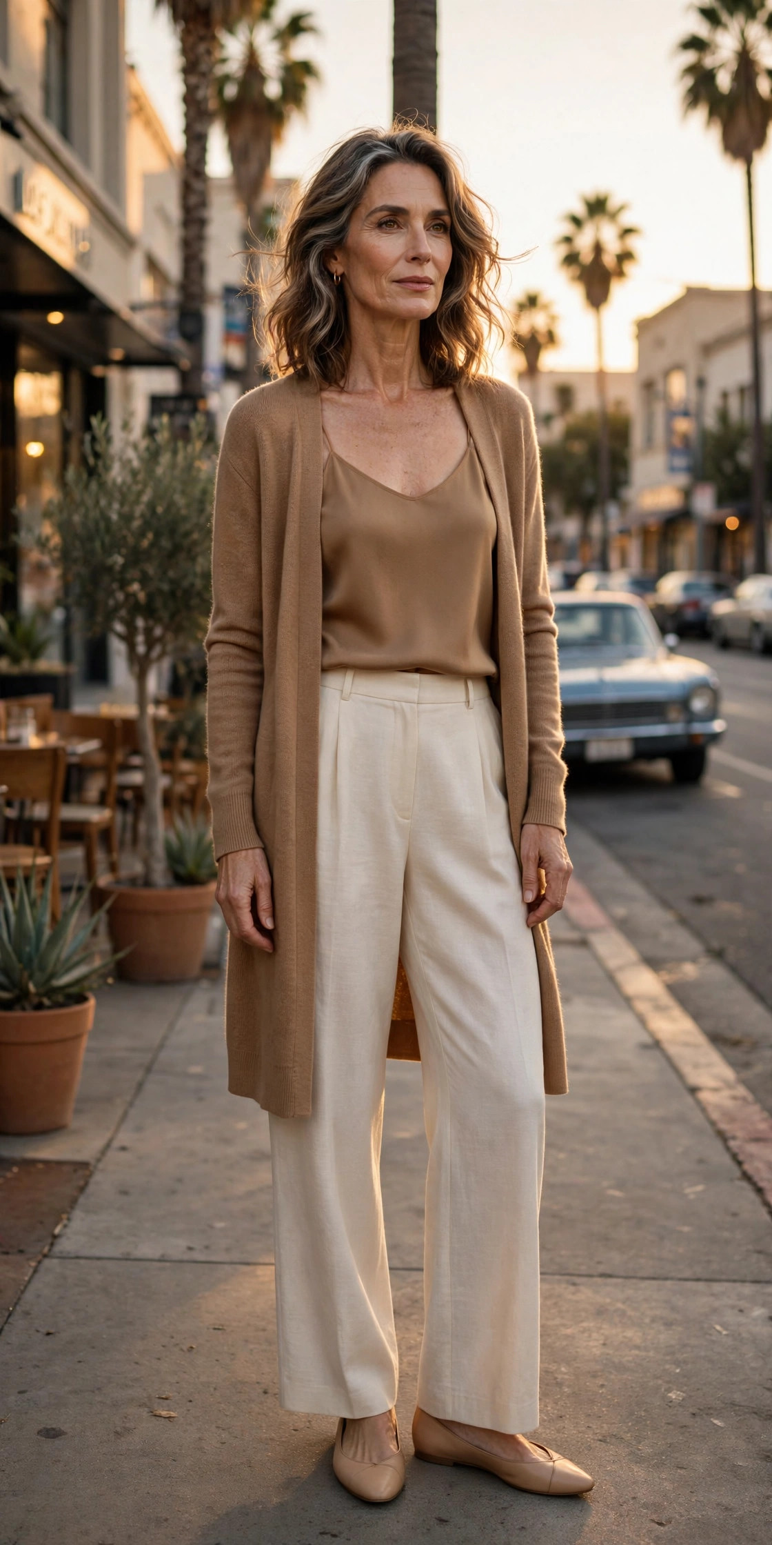 Woman over 50 in a camel cardigan with matching camisole and cream trousers at golden hour