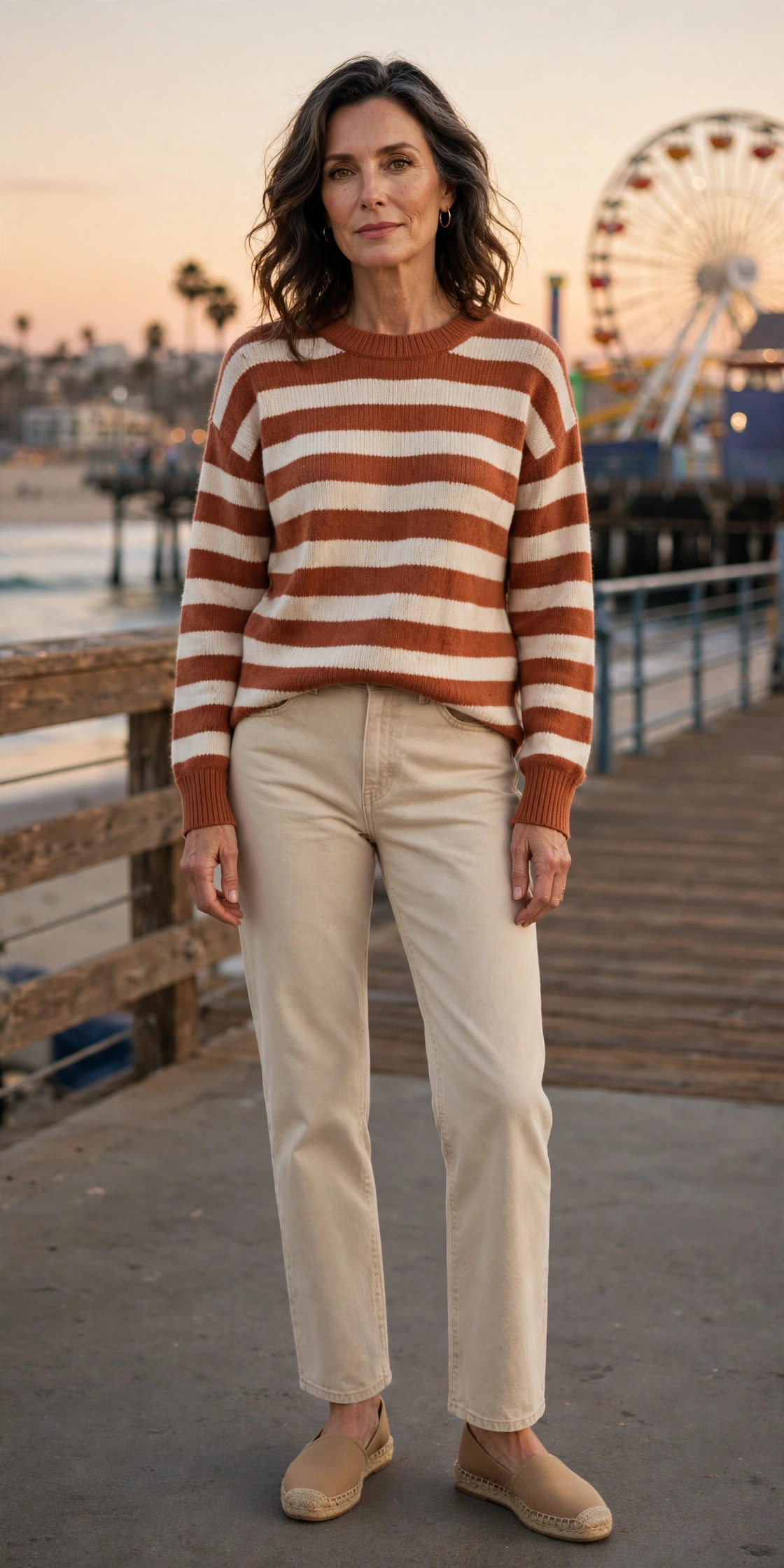 Woman over 50 in a terracotta striped sweater with ecru jeans at Santa Monica at sunset