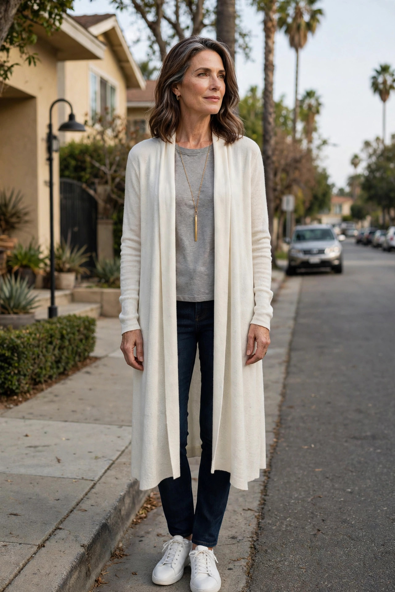 Woman over 50 in a long ivory drape cardigan over grey tee and jeans in Los Angeles