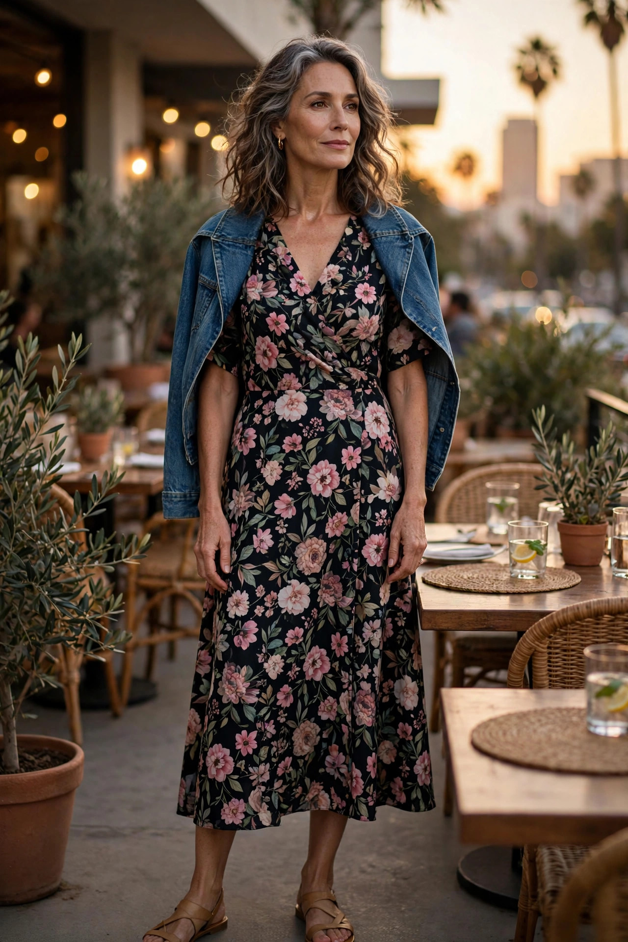 Woman over 50 in a dark floral midi dress with a denim jacket at golden hour in LA