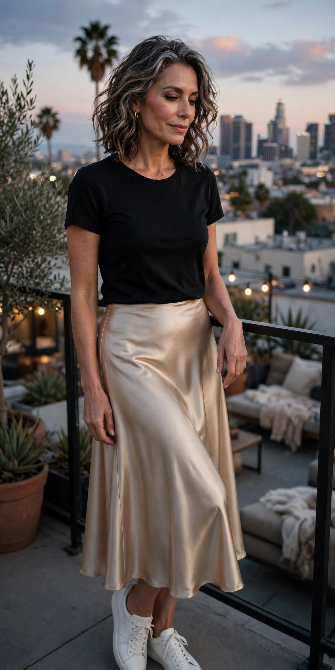 Woman over 50 in a champagne satin midi skirt with black tee and sneakers on a rooftop