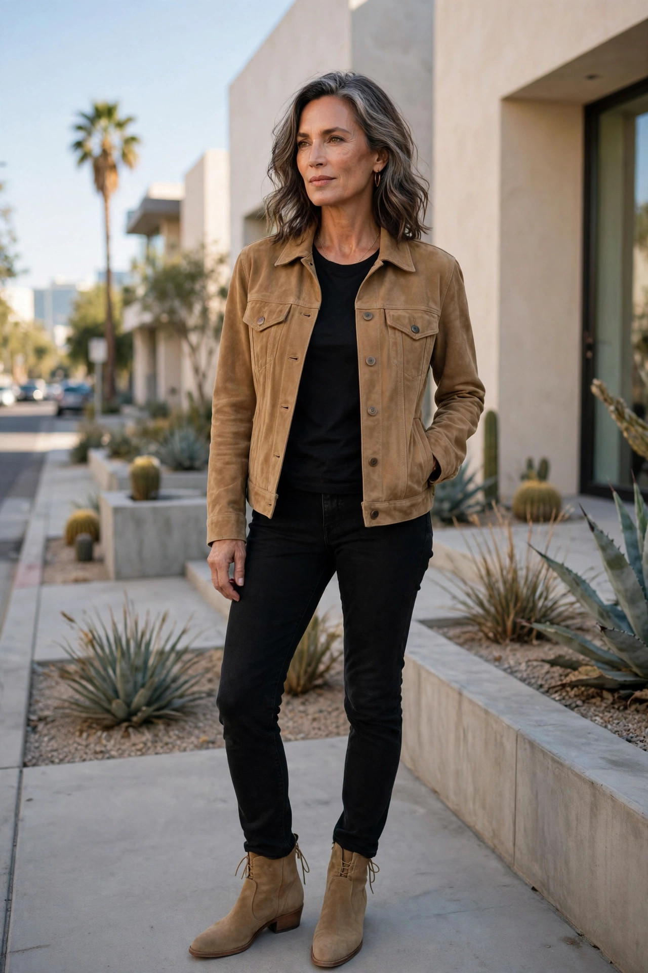 Woman over 50 in a tan suede trucker jacket over black layers in Los Angeles