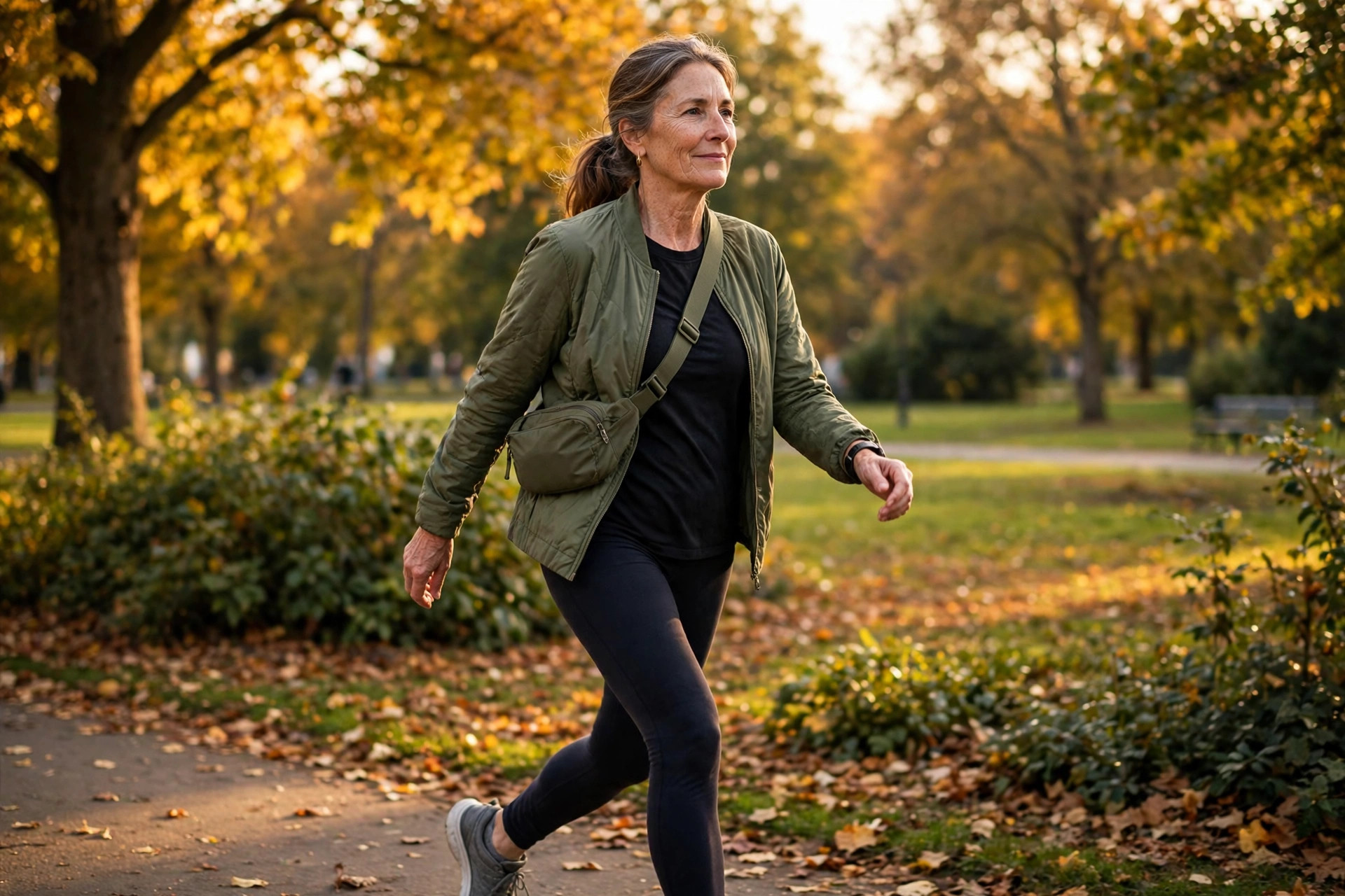 Woman in her 50s brisk walking in a park