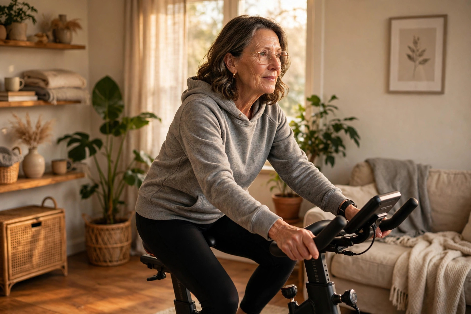 Woman in her 50s on a stationary bike at home